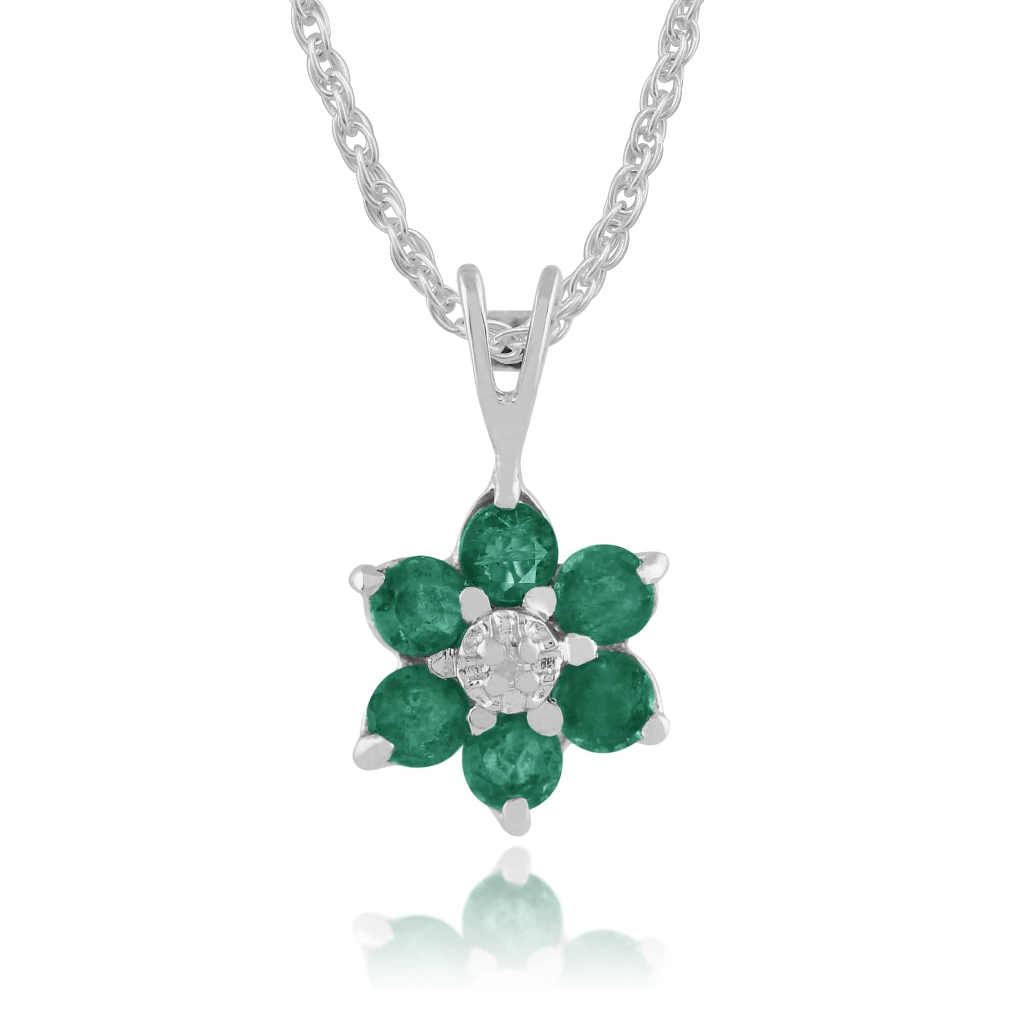 Floral Round Emerald & Diamond Cluster Pendant in 9ct White Gold