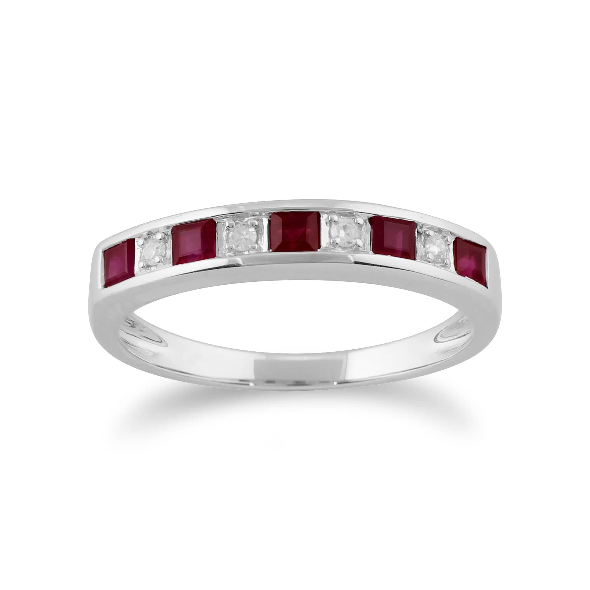 Classic Square Ruby & Diamond Half Eternity Ring 9ct White Gold