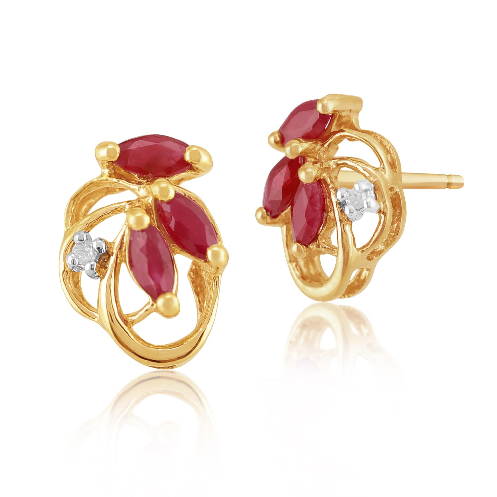 Floral Marquise Ruby & Diamond Stud Earrings in 9ct Yellow Gold - Gemondo