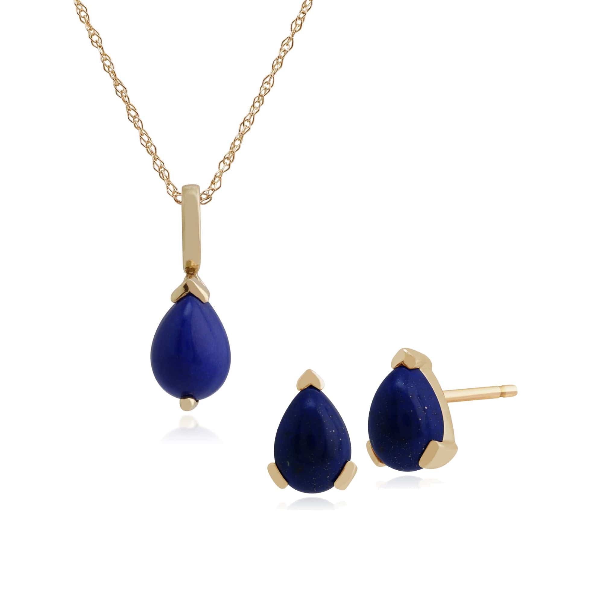 Classic Pear Lapis Lazuli Single Stone Stud Earrings & Pendant Set in 9ct Yellow Gold - Gemondo