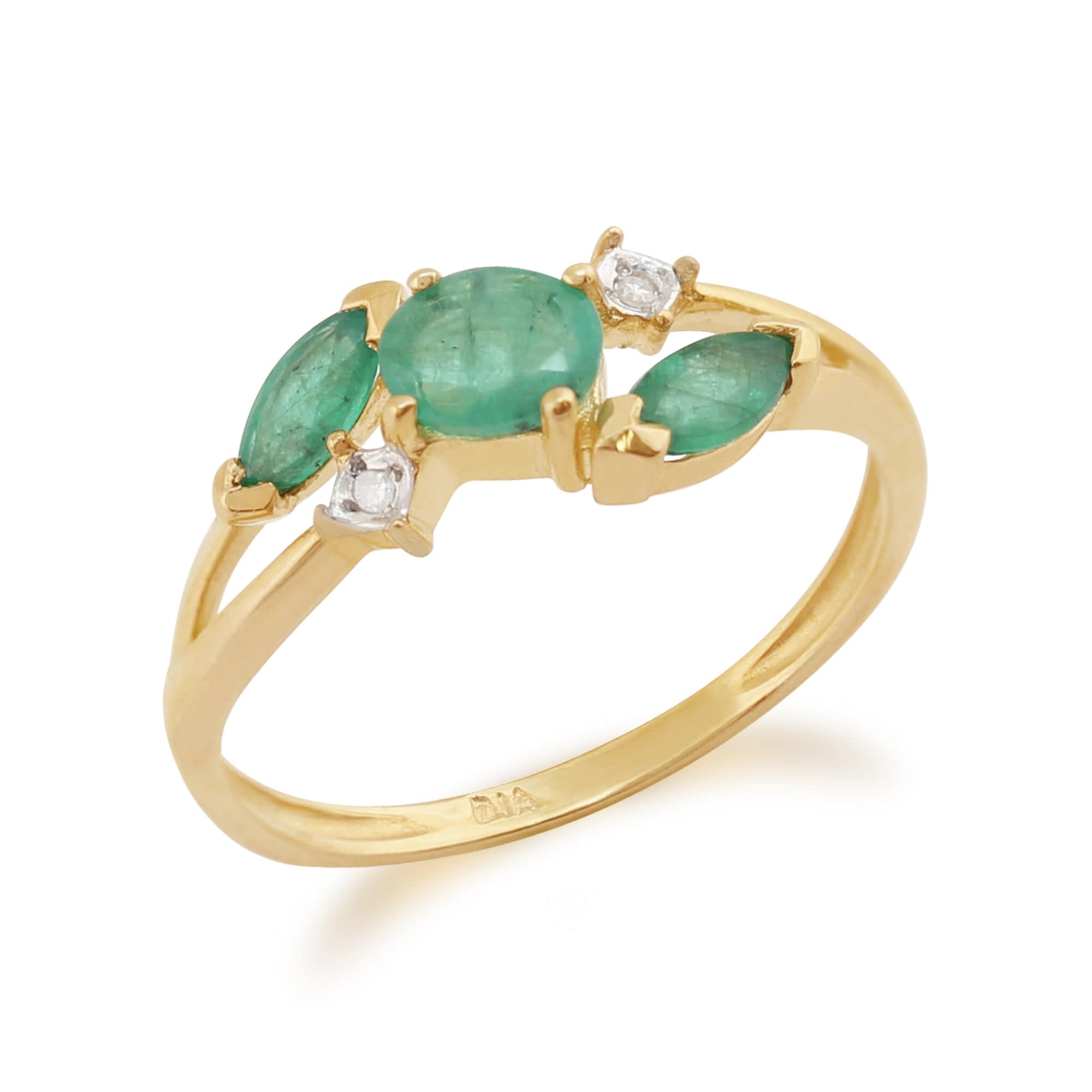 Marquise Emerald & Diamond Three Stone Ring in 9ct Yellow Gold