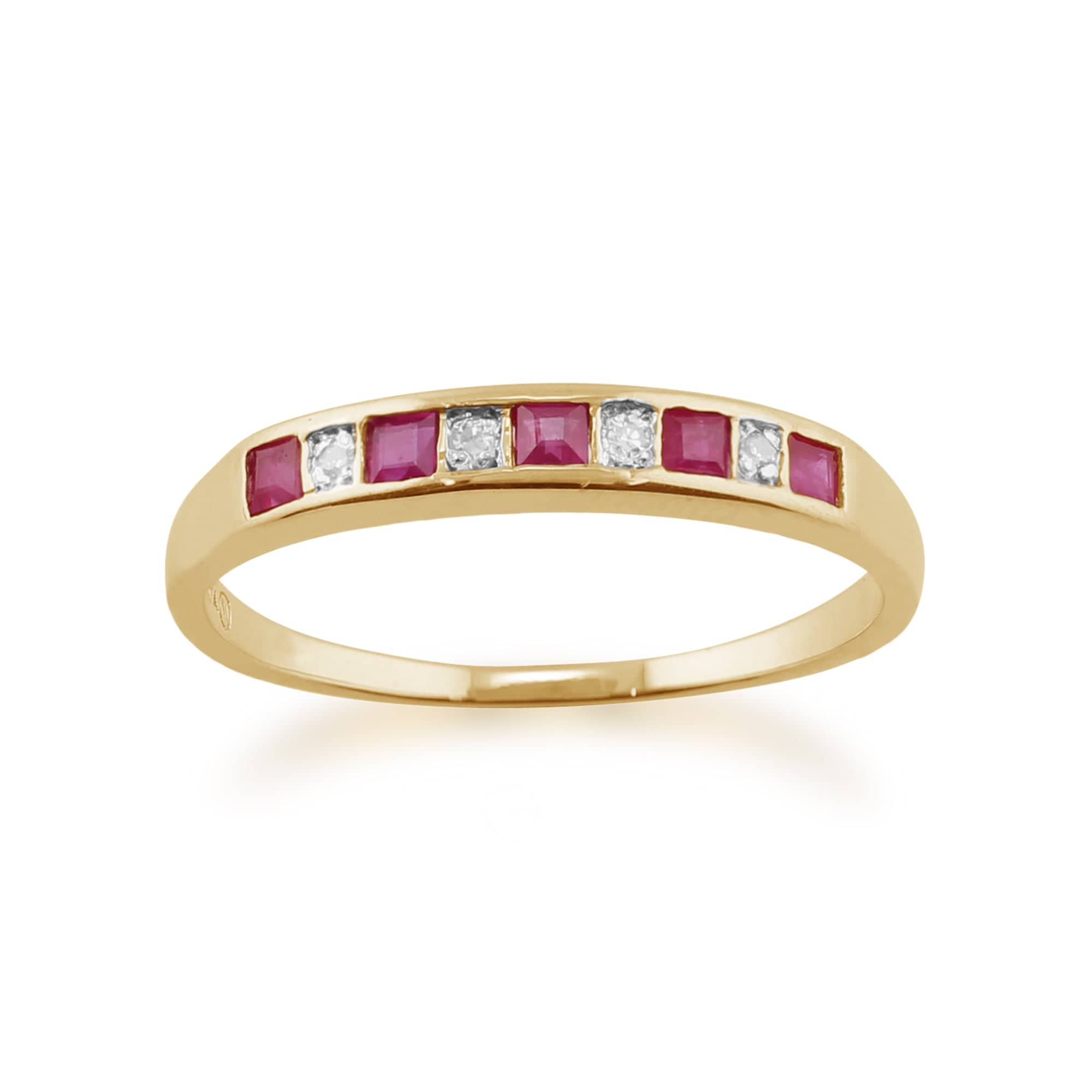 Classic Square Ruby & Diamond Half Eternity Ring in 9ct Yellow Gold  - Gemondo