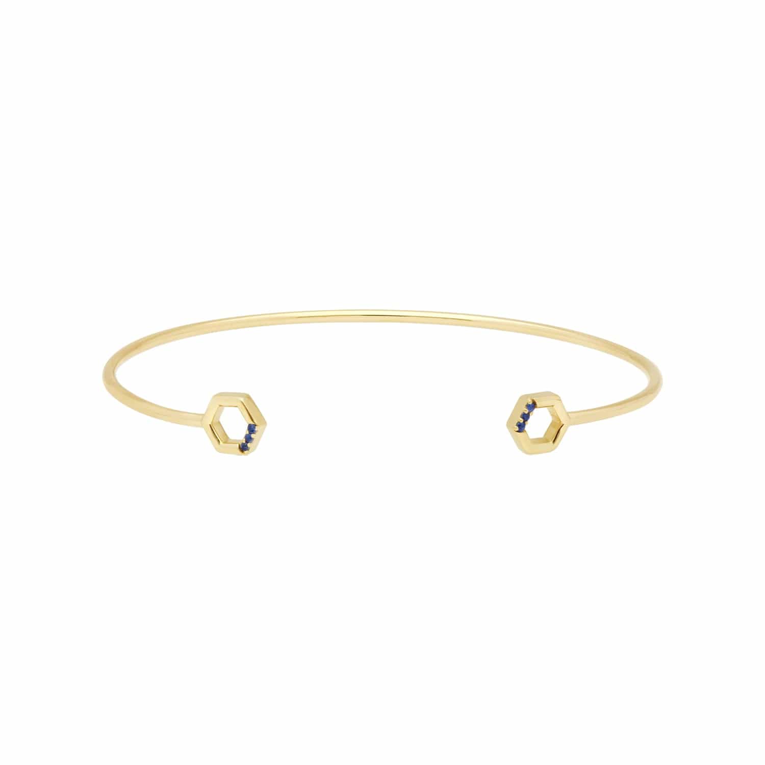Sapphire Pavé Hexagon Open Bangle in 9ct Yellow Gold - Gemondo