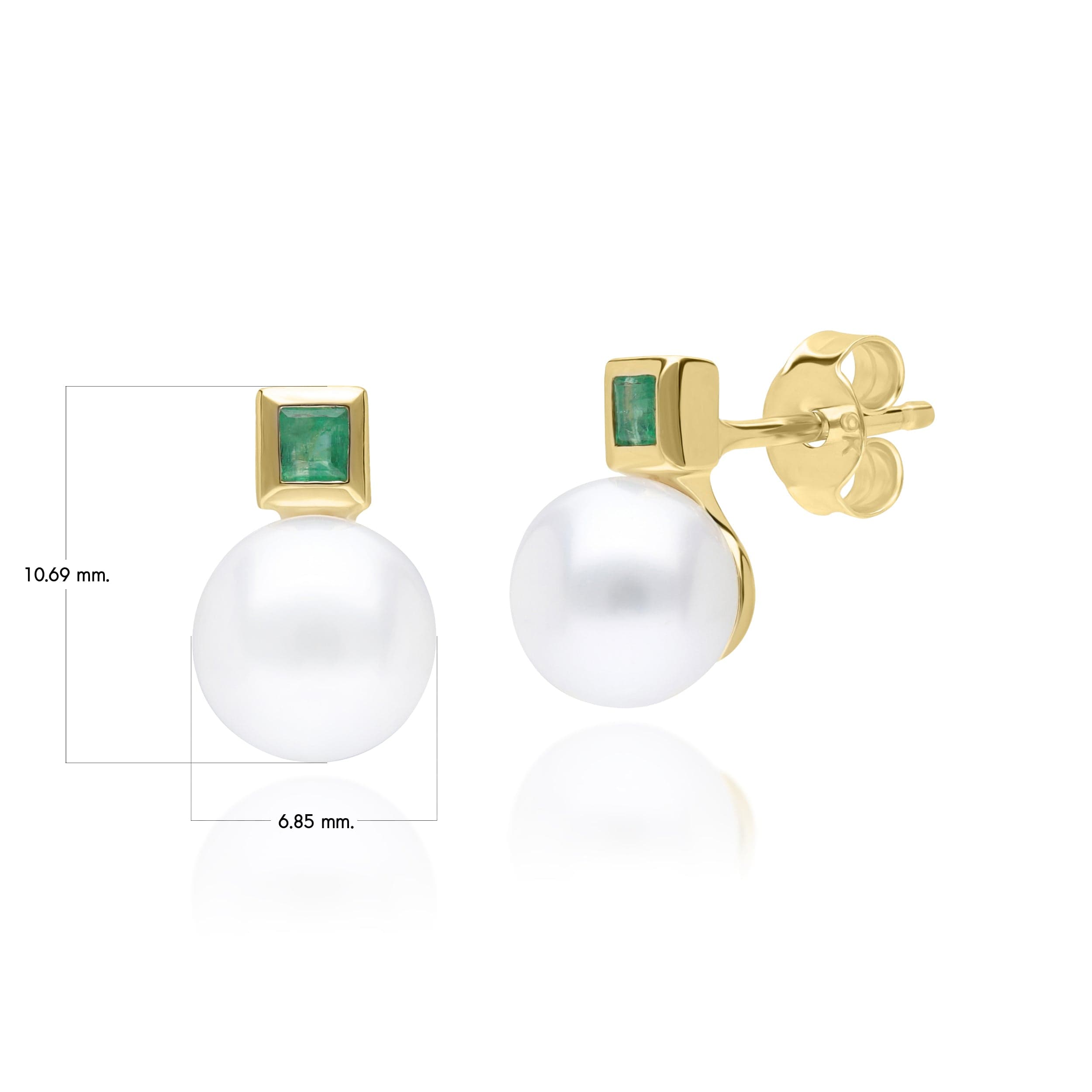 Modern Pearl & Square Emerald Stud Earrings in 9ct Yellow Gold