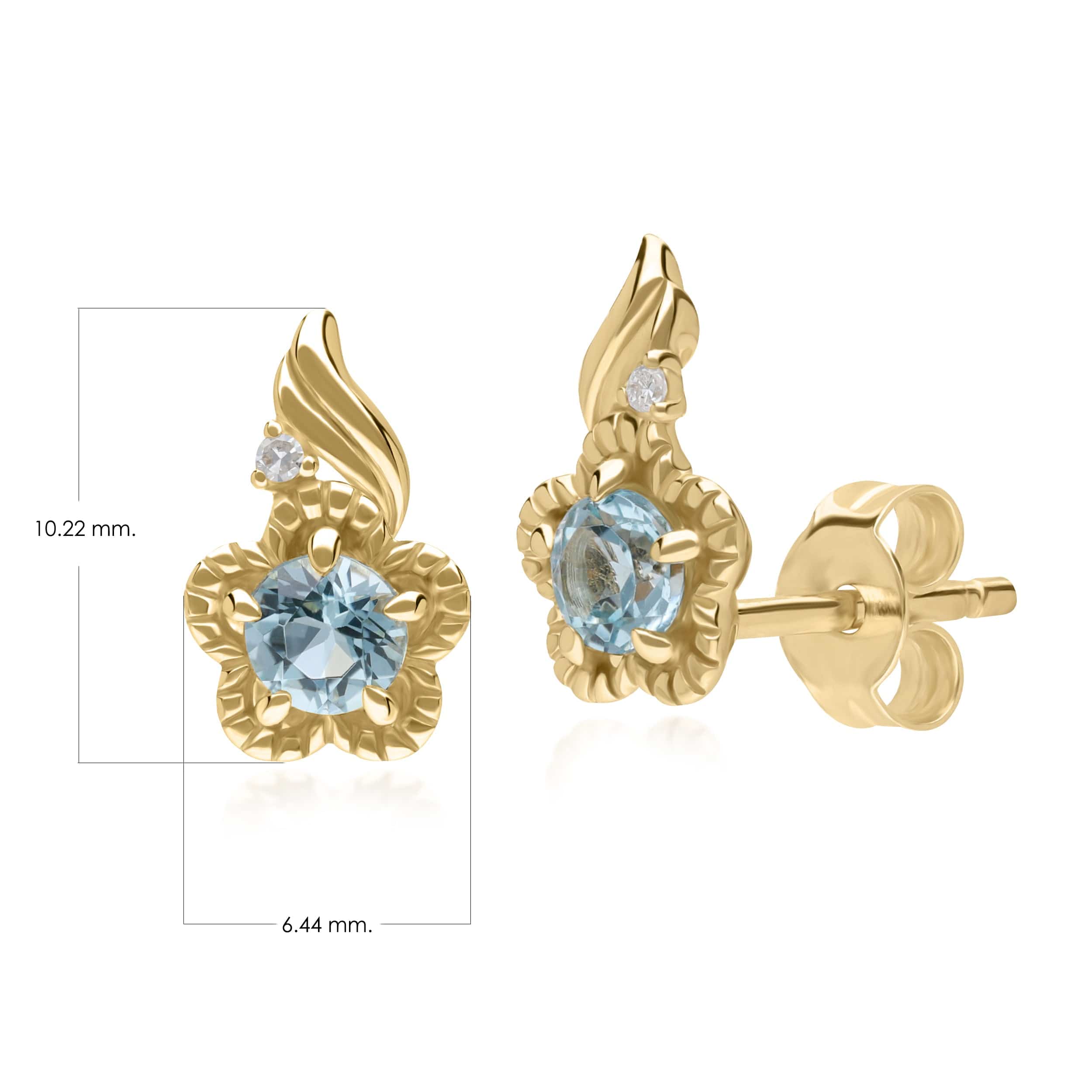 135E1813019 Floral Round Blue Topaz & Diamond Stud Earrings in 9ct Yellow Gold 4