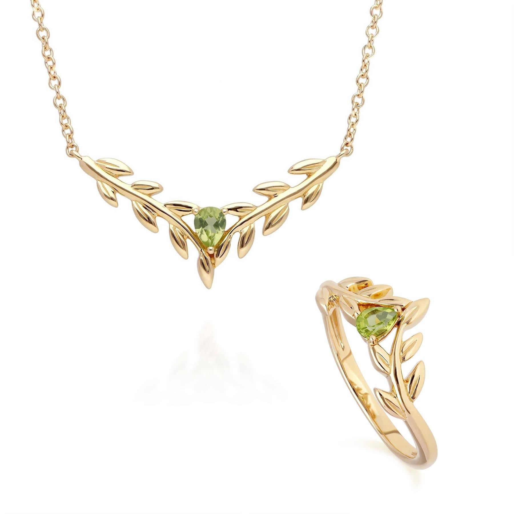 O Leaf Peridot Necklace & Ring Set in 9ct Yellow Gold - Gemondo