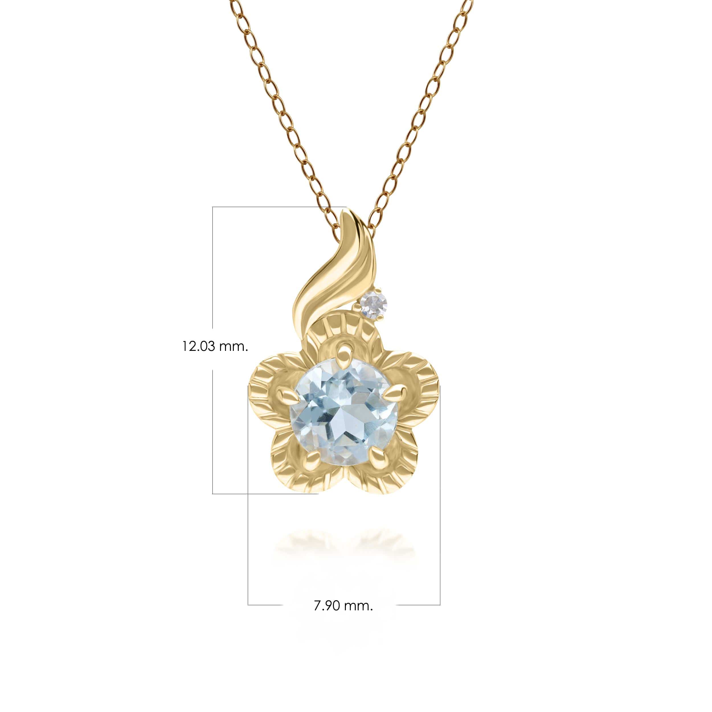 135P2097019 Floral Round Blue Topaz & Diamond Pendant in 9ct Yellow Gold 3