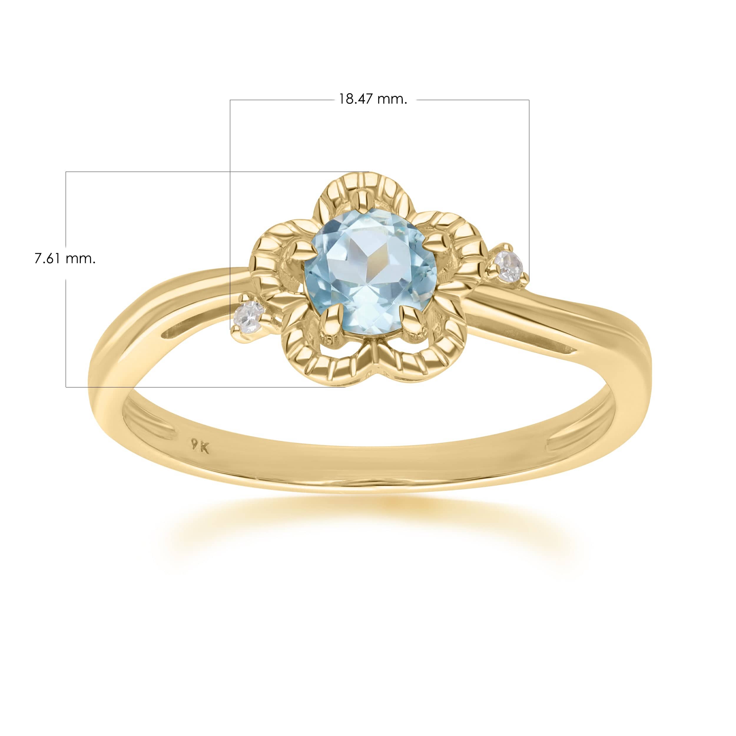 Floral Round Blue Topaz & Diamond Ring in 9ct Yellow Gold