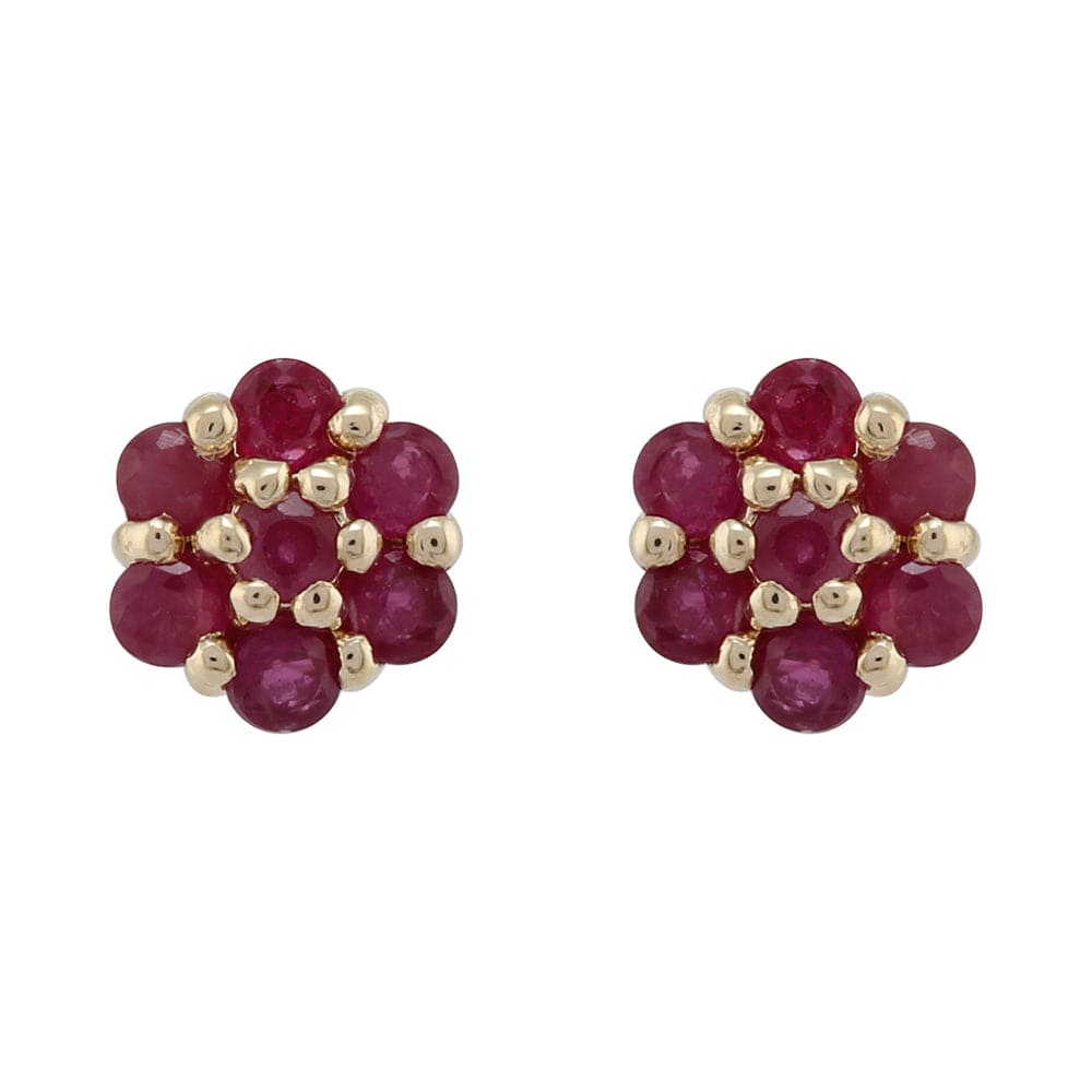 Floral Round Ruby Cluster Stud Earrings in 9ct Yellow Gold - Gemondo