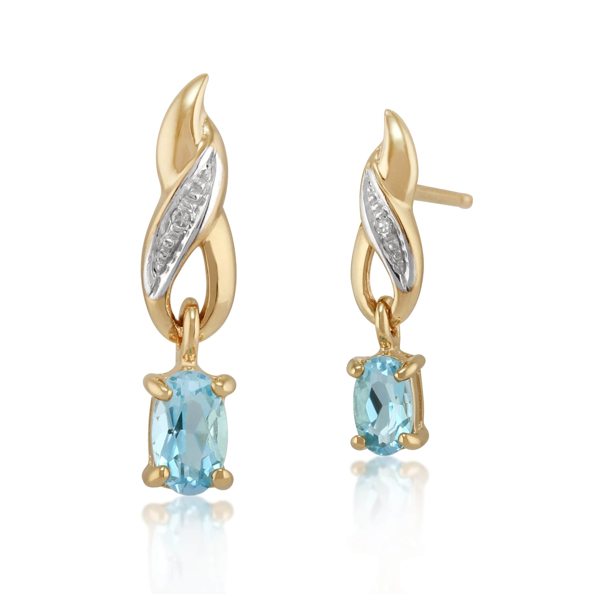 Classic Oval Blue Topaz & Diamond Twisted Drop Earrings in 9ct Yellow Gold - Gemondo
