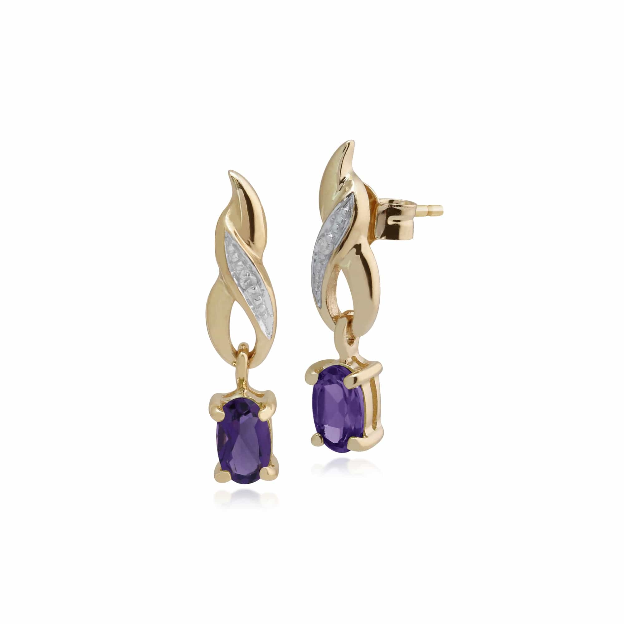 Classic Oval Amethyst & Diamond Twist Drop Earrings in 9ct Yellow Gold - Gemondo