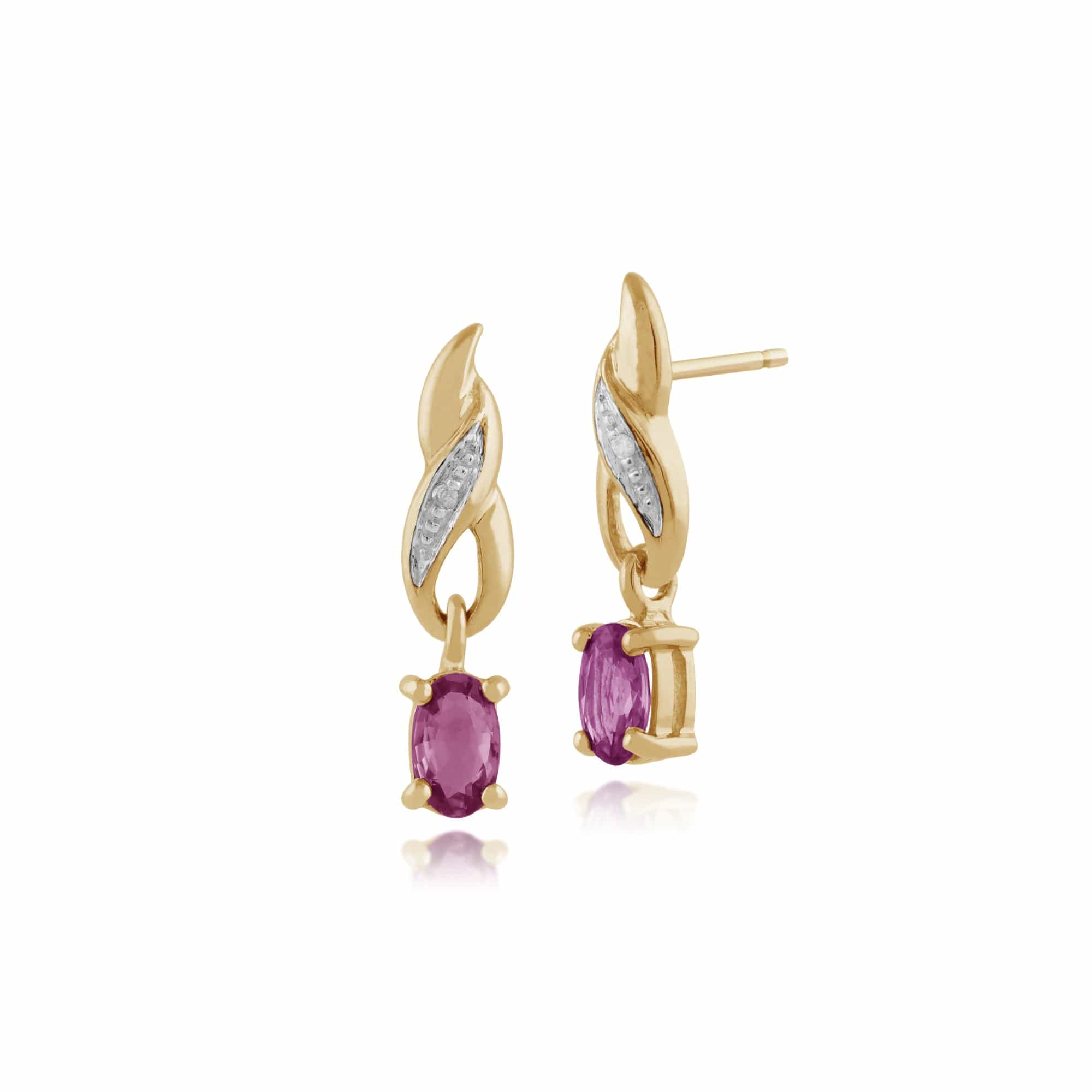 Classic Oval Pink Sapphire & Diamond Drop Earrings in 9ct Yellow Gold