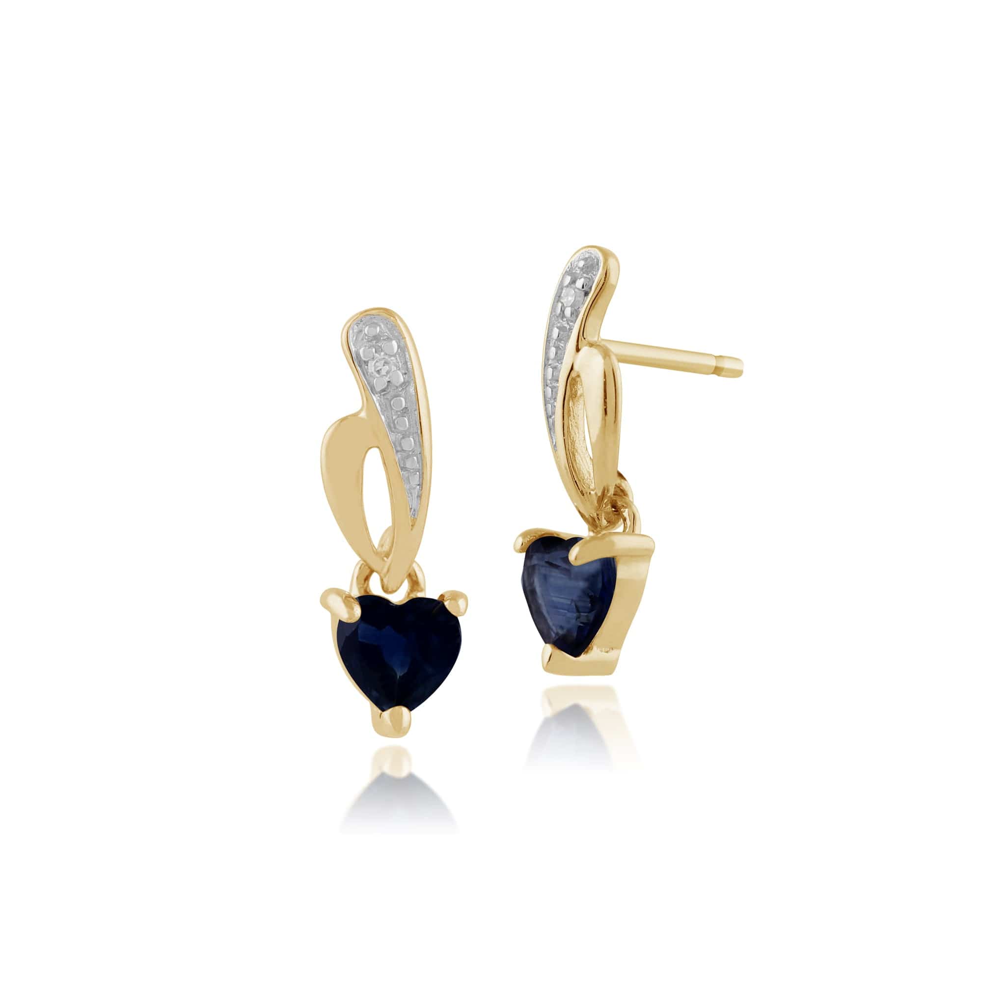 Classic Heart Light Blue Sapphire & Diamond Drop Earrings in 9ct Yellow Gold - Gemondo