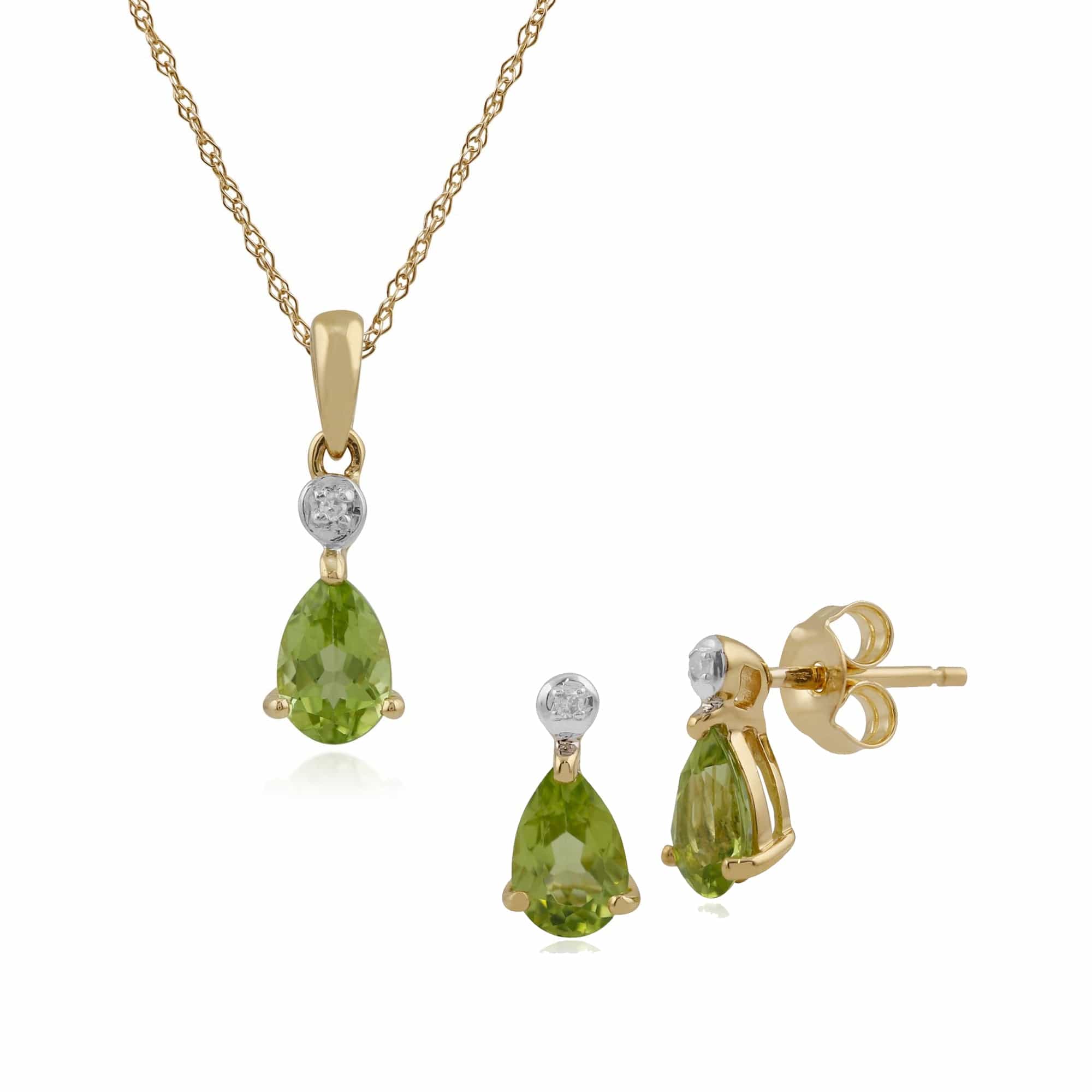 135E1263069-135P1643049 Classic Pear Peridot & Diamond Stud Earrings & Pendant Set in 9ct Yellow Gold 1