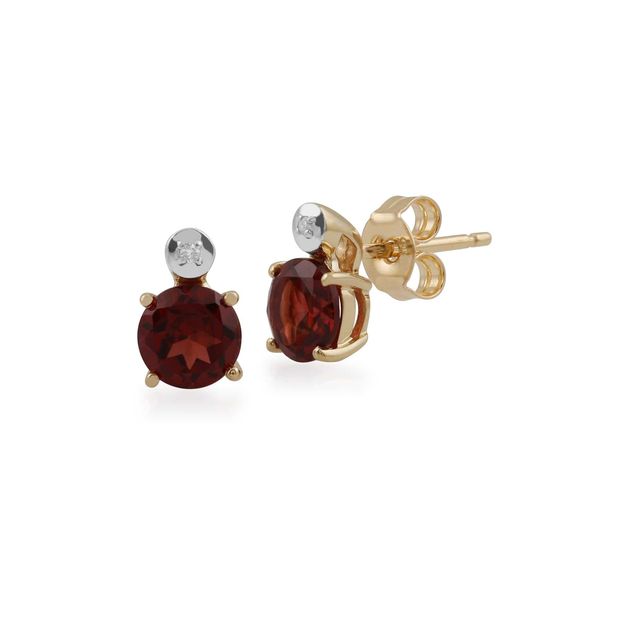 Classic Round Garnet & Diamond Stud Earrings in 9ct Yellow Gold - Gemondo