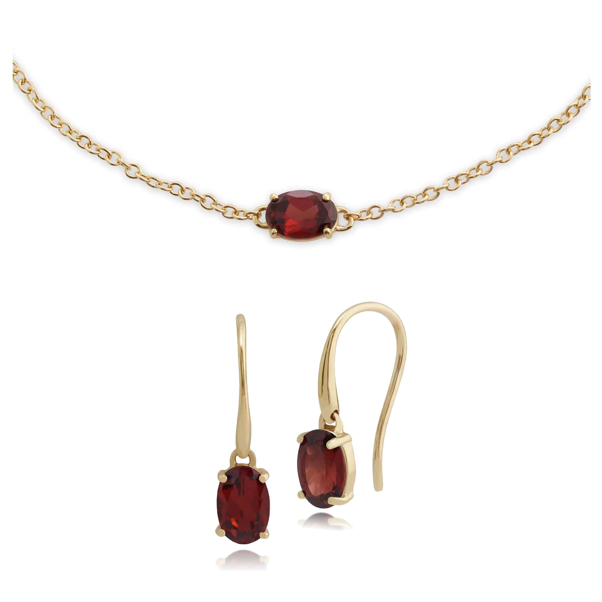 135E1289079-135L0220079 Classic Oval Garnet Single Stone Drop Earrings & Bracelet Set in 9ct Yellow Gold 1