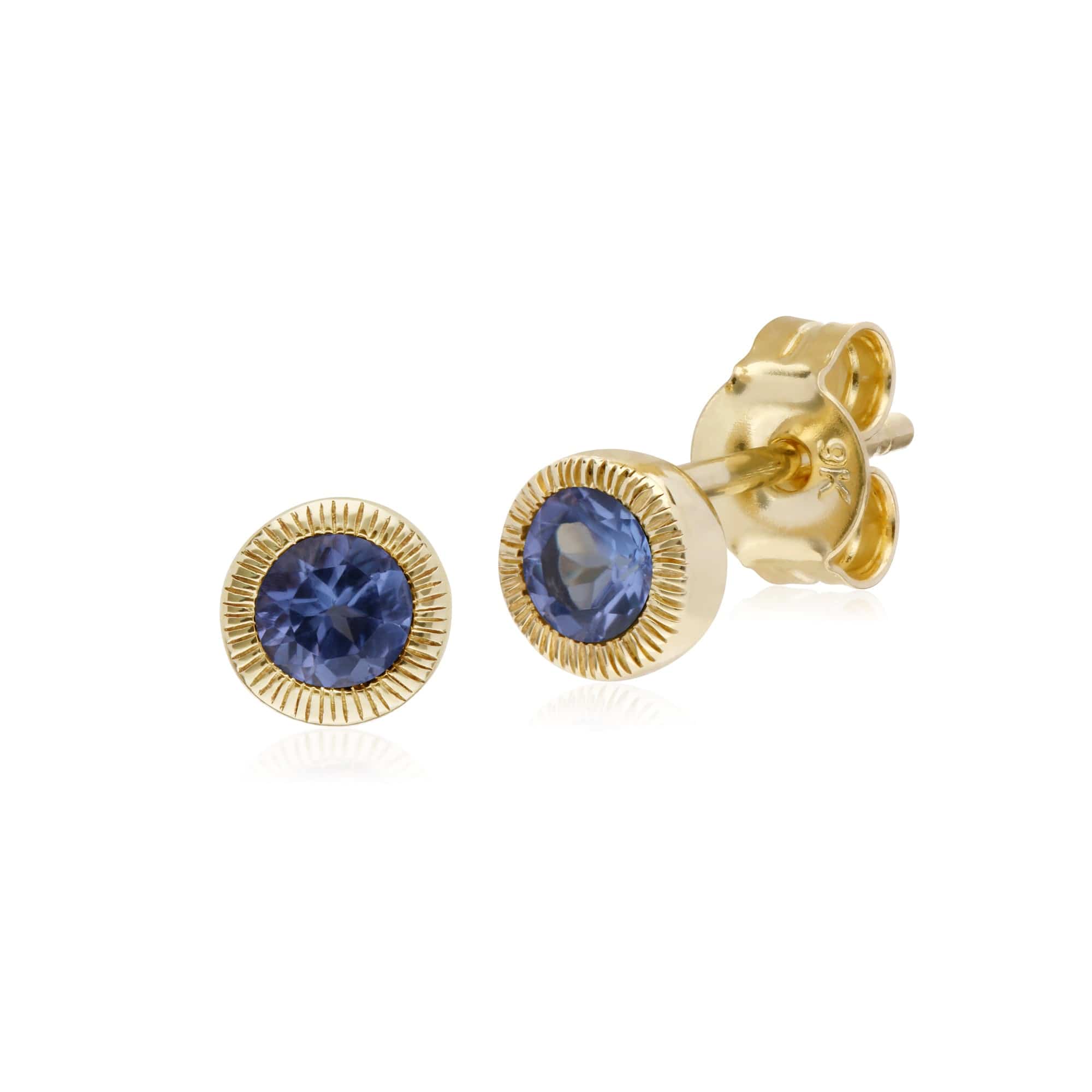 Classic Single Stone Round Tanzanite Milgrain Stud Earrings in 9ct Yellow Gold - Gemondo