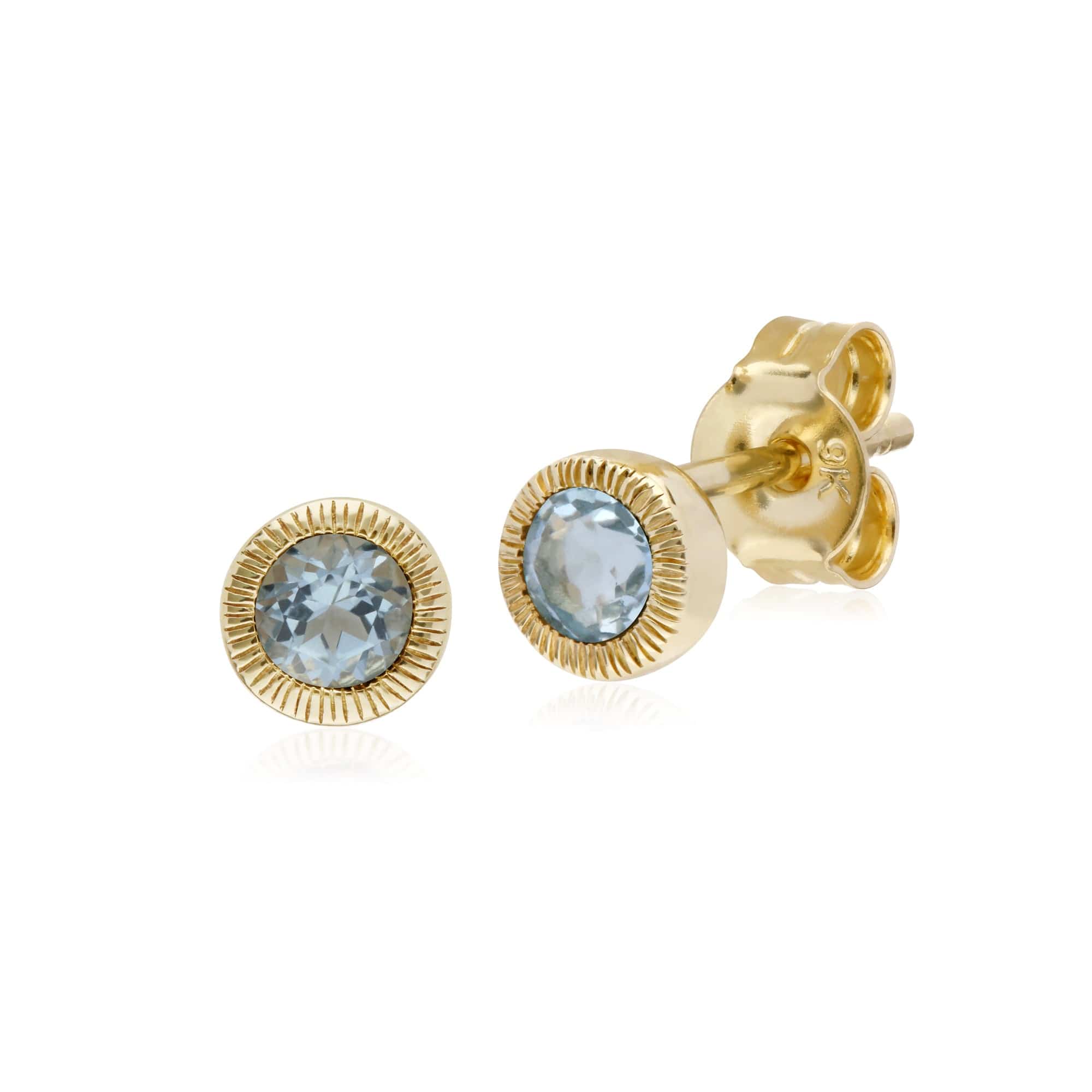 Classic Single Stone Round Aquamarine Milgrain Stud Earrings in 9ct Yellow Gold - Gemondo