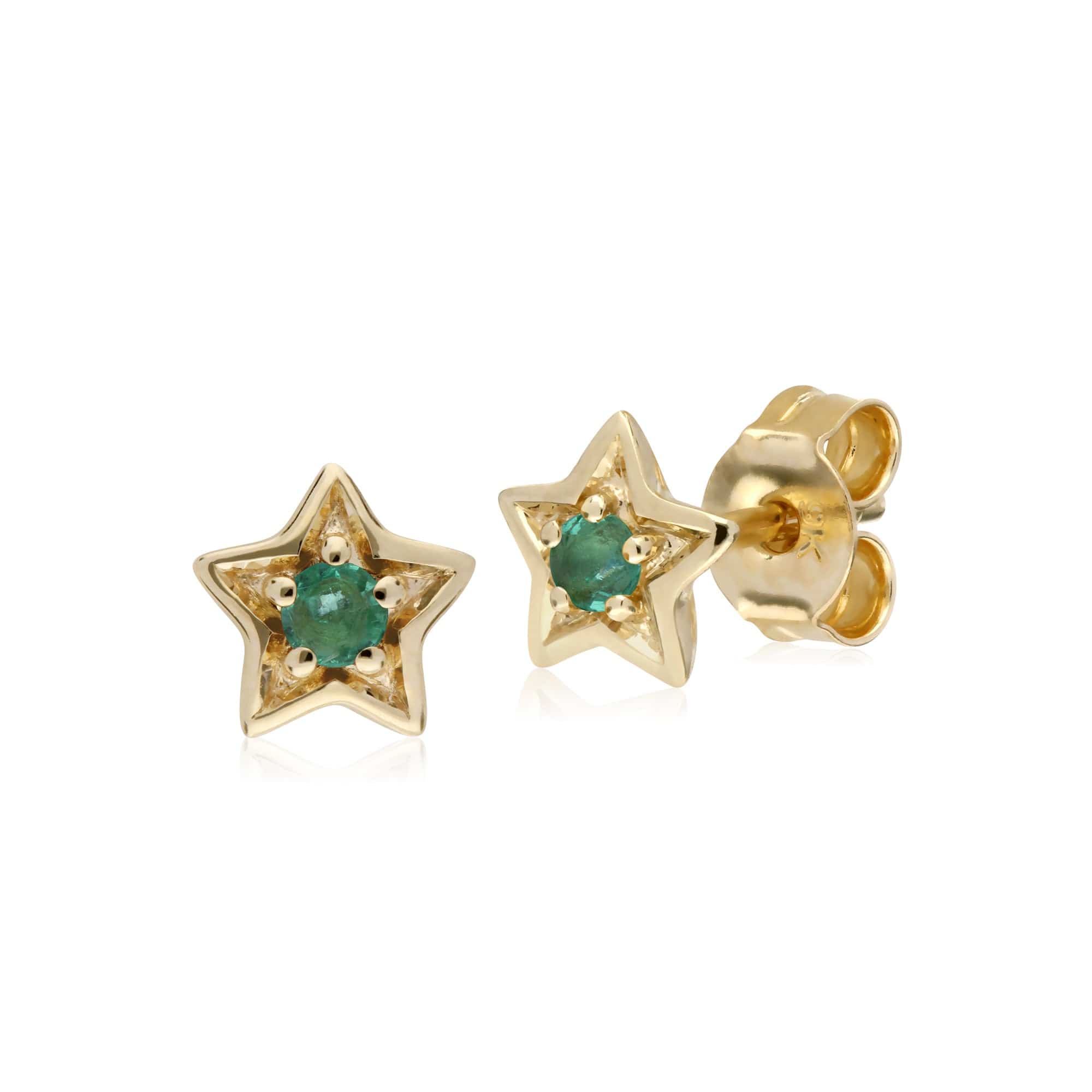 135E1523039 Classic Single Stone Round Emerald Star Stud Earrings in 9ct Yellow Gold 1