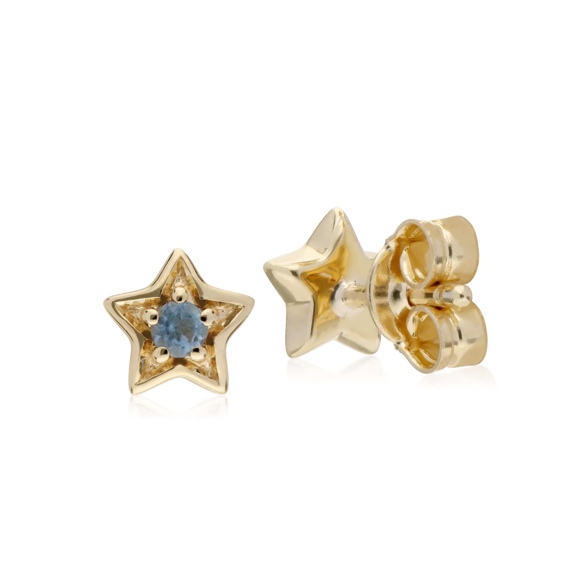 Classic Single Stone Round Aquamarine Star Stud Earrings in 9ct Yellow Gold - Gemondo