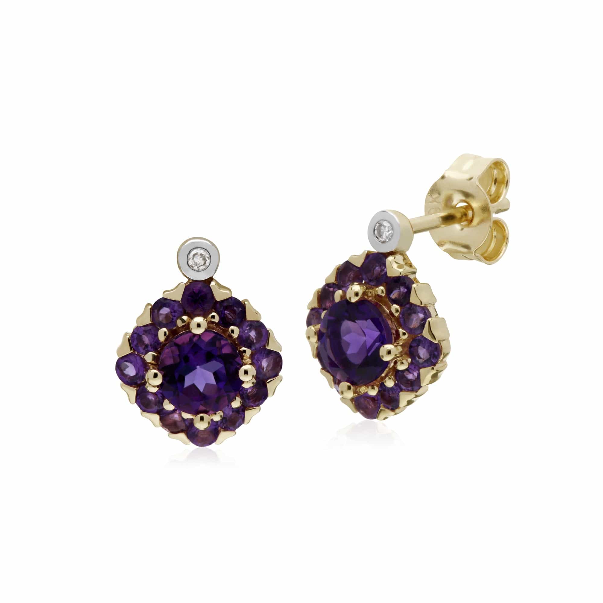 135E1571049-135P1911049 Classic Round Amethyst & Diamond Square Cluster Stud Earrings & Pendant Set in 9ct Yellow Gold 2