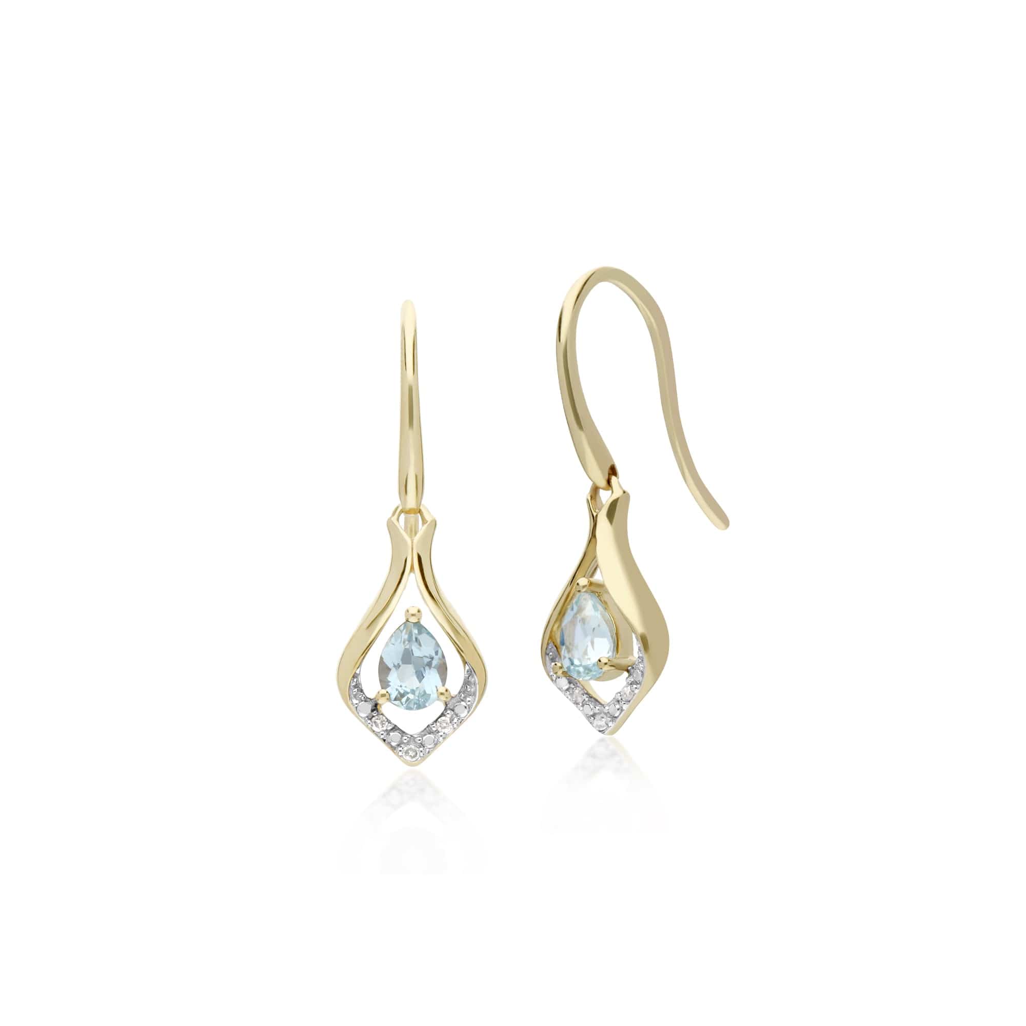 Classic Pear Aquamarine & Diamond Leaf Halo Drop Earrings in 9ct Gold - Gemondo