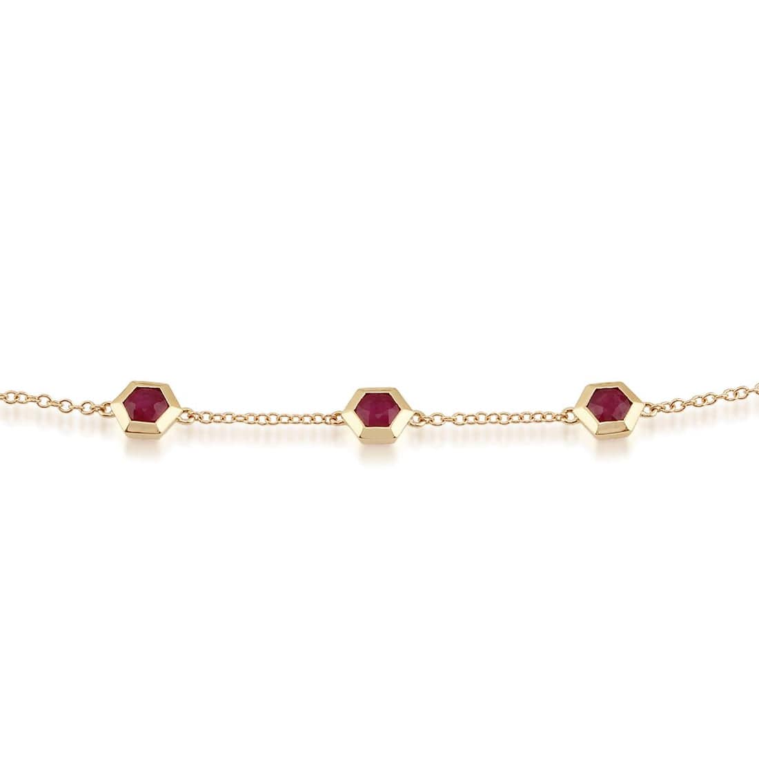 Geometric Hexagon Ruby Bezel Three Stone Bracelet in 9ct Gold