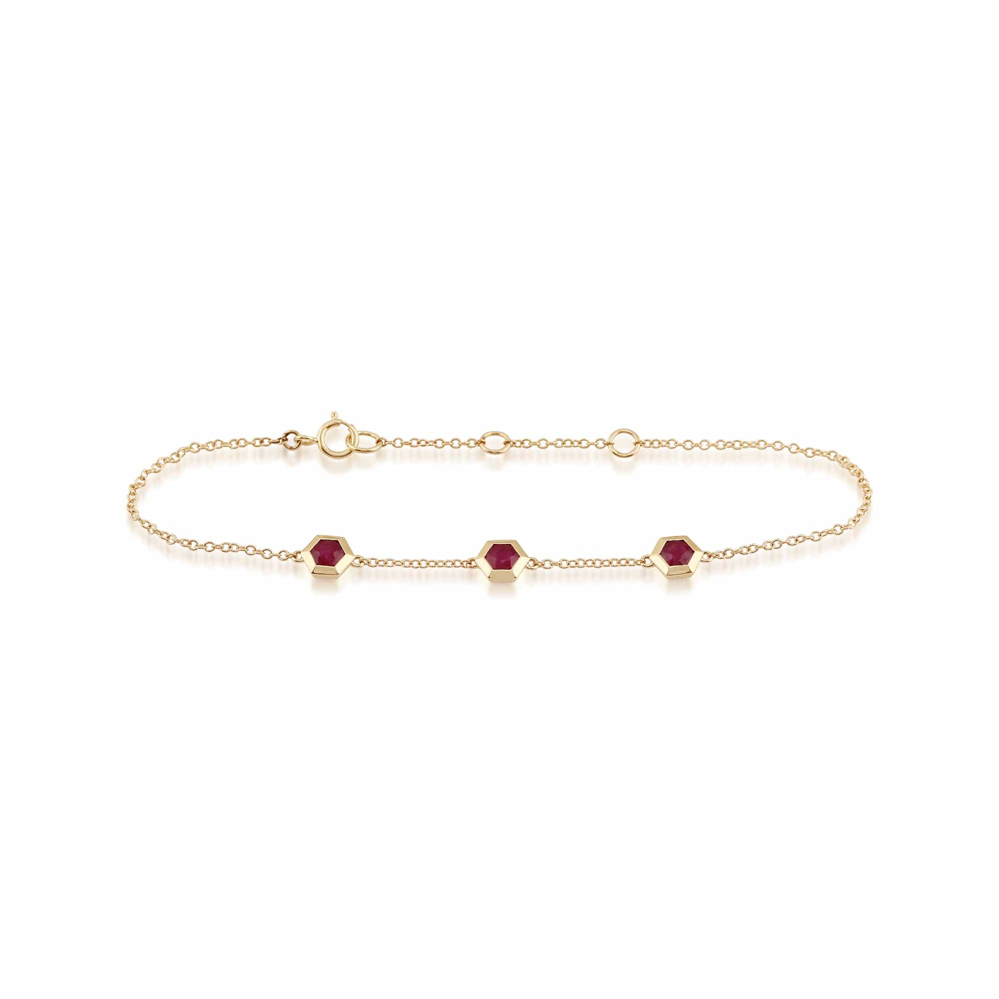 Geometric Hexagon Ruby Bezel Three Stone Bracelet in 9ct Yellow Gold 