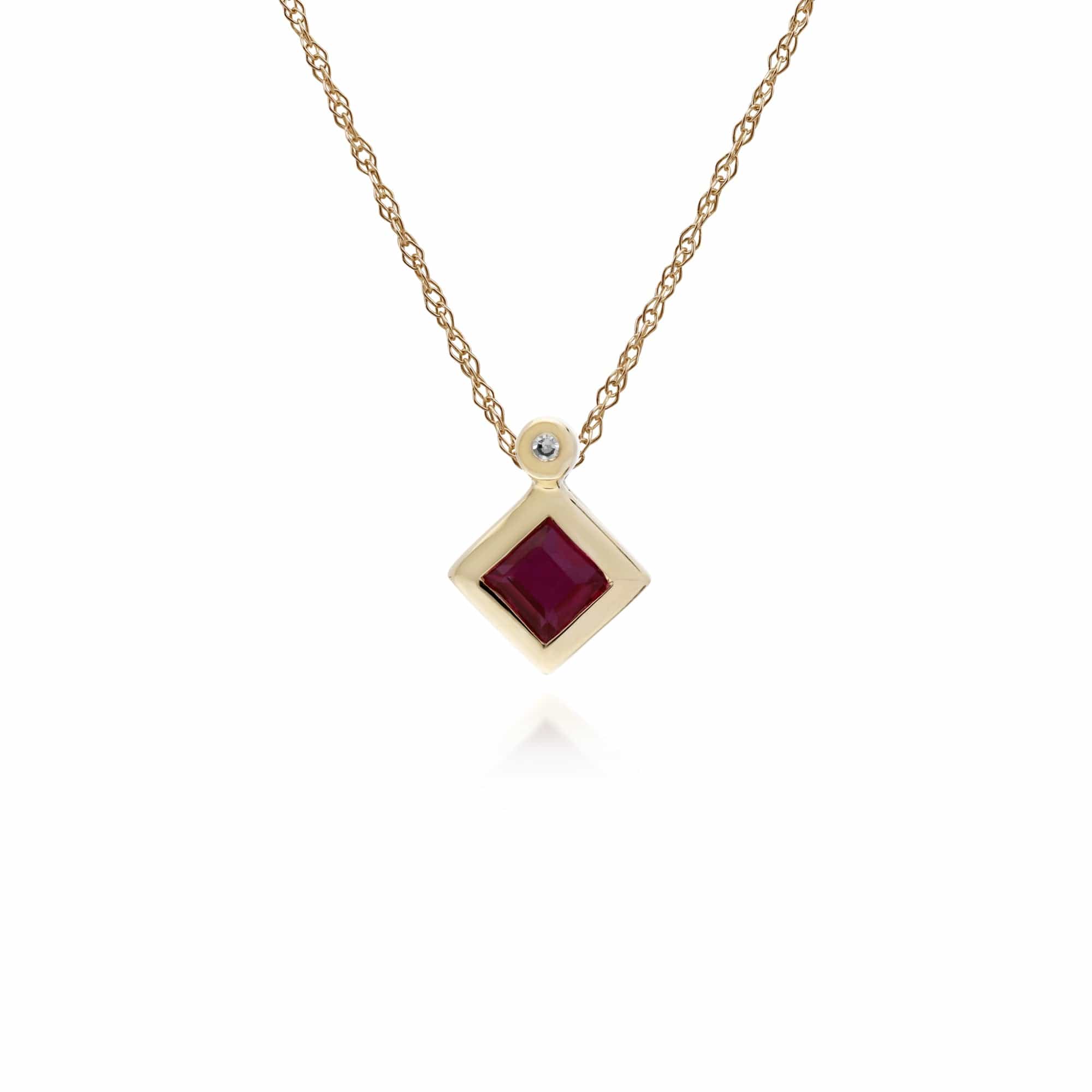Geometric Square Ruby & Diamond Pendant in 9ct Yellow Gold - Gemondo