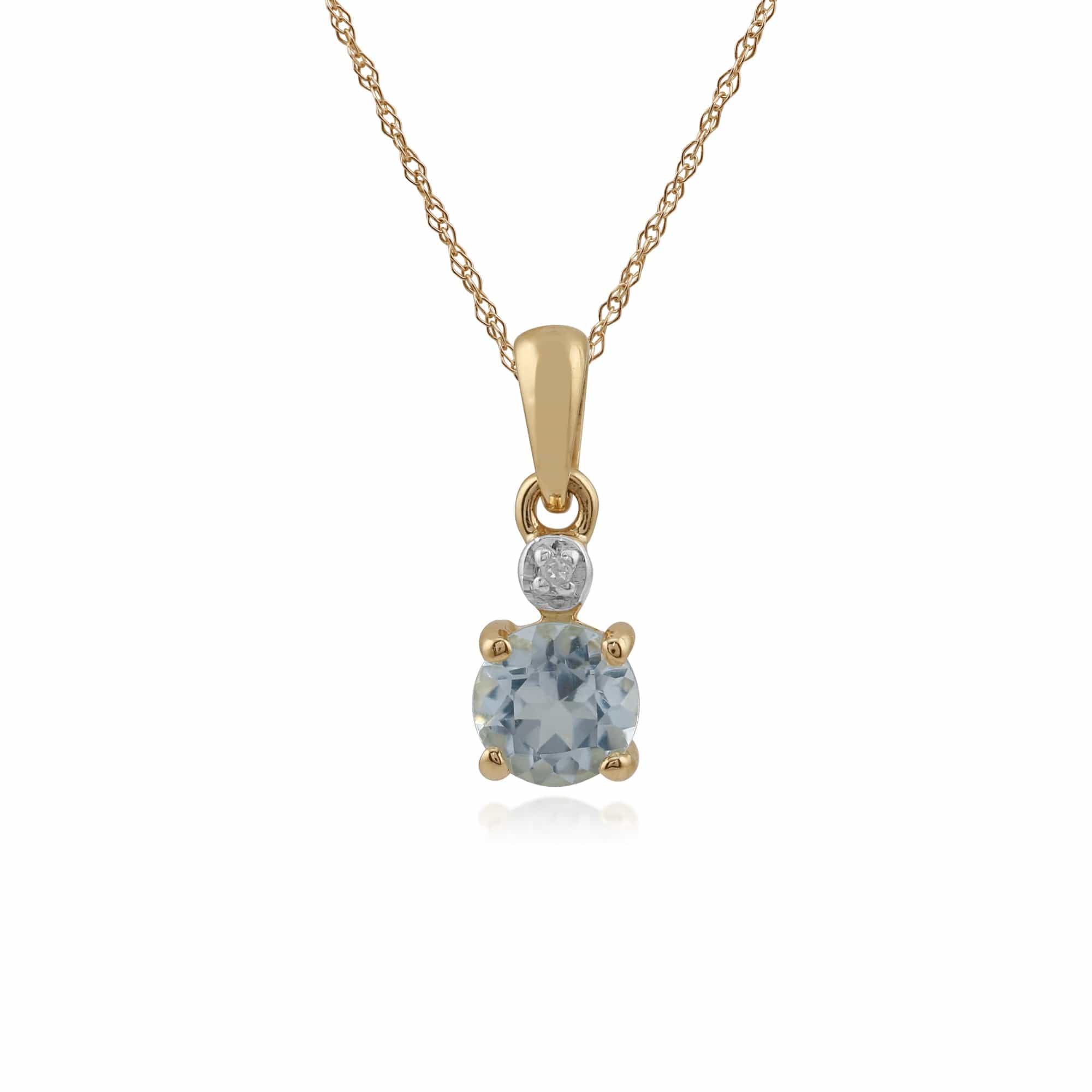 Classic Round Aquamarine & Diamond Pendant in 9ct Yellow Gold - Gemondo