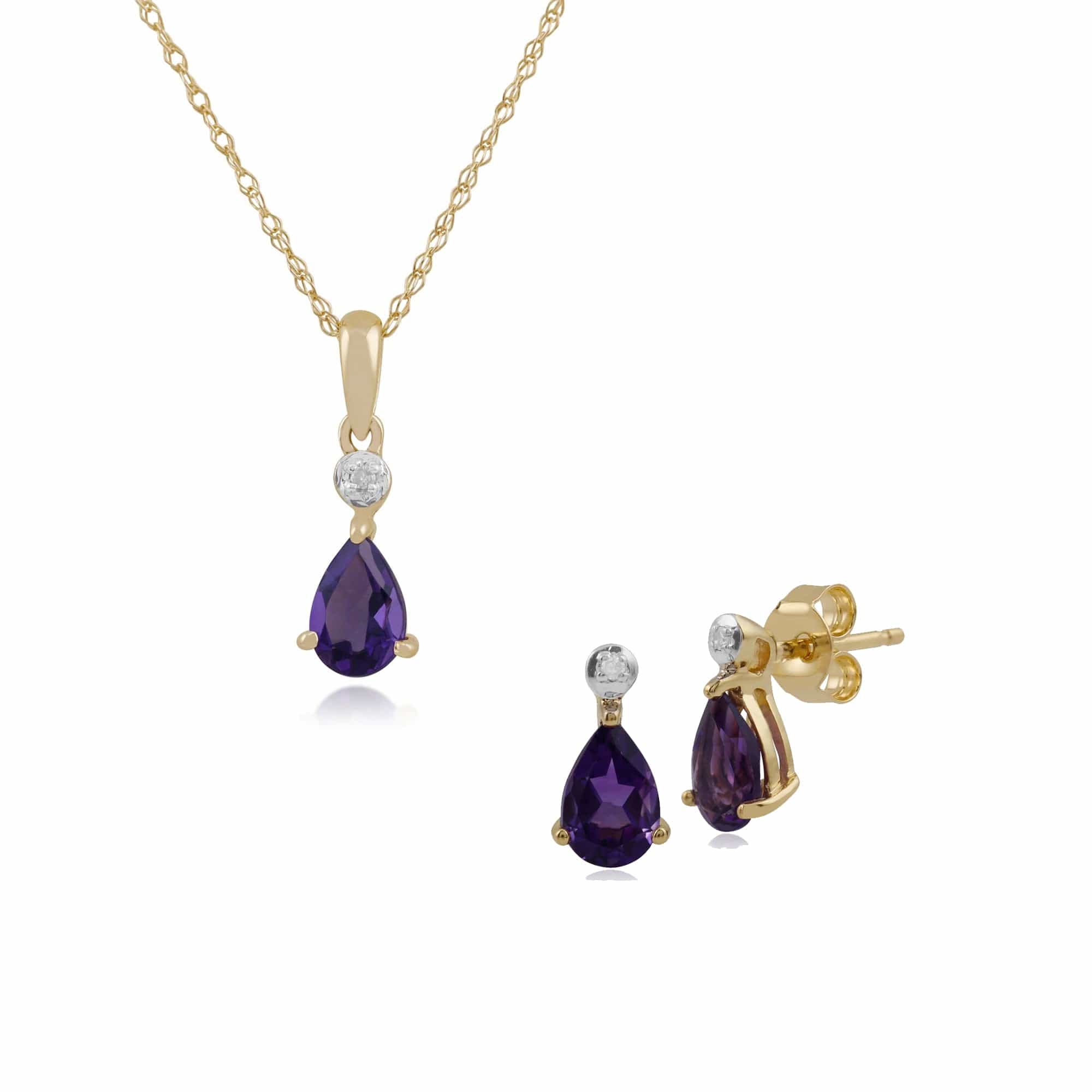 Classic Pear Amethyst & Diamond Stud Earrings & Pendant Set in 9ct Yellow Gold - Gemondo
