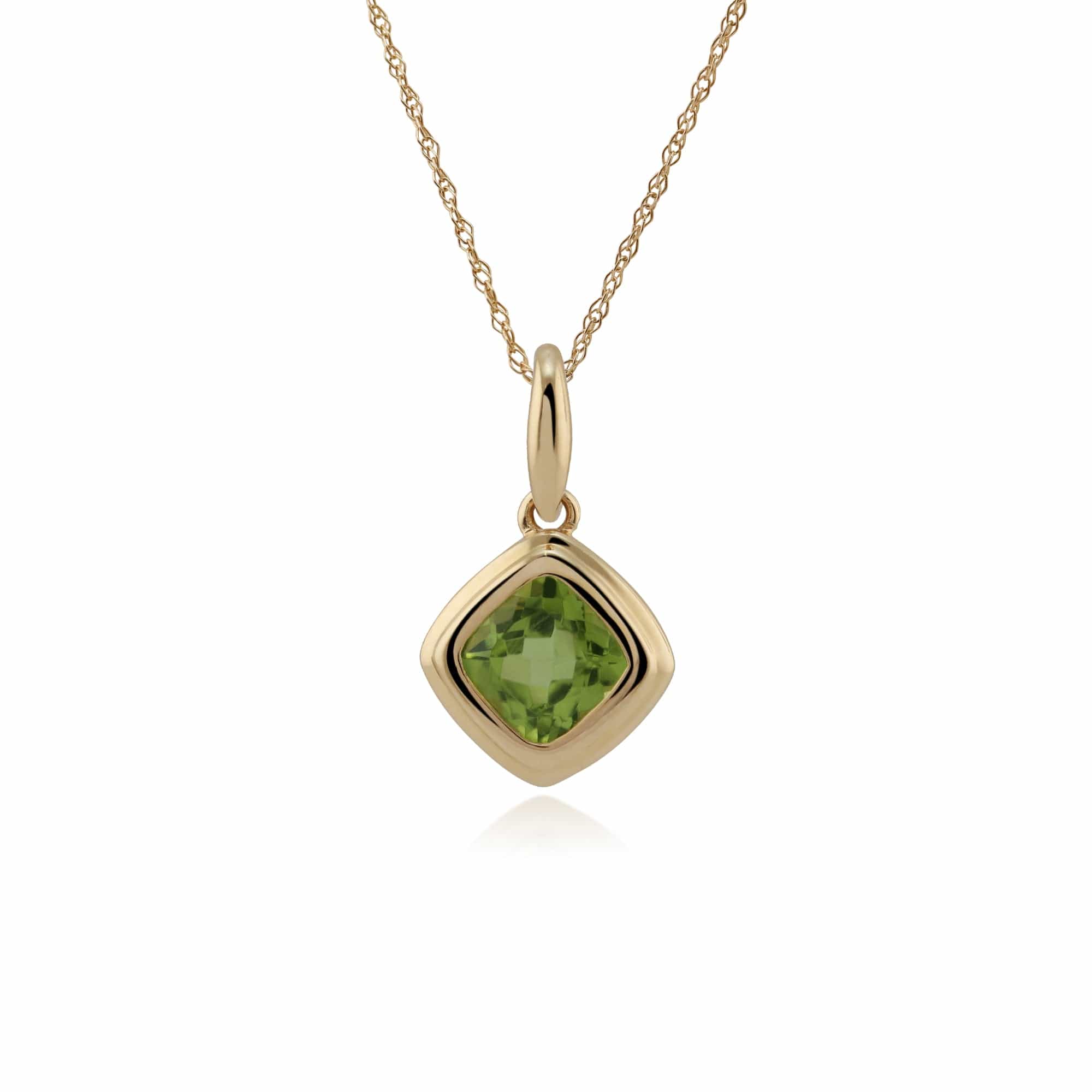 Classic Cushion Peridot Bezel Set Pendant in 9ct Yellow Gold - Gemondo