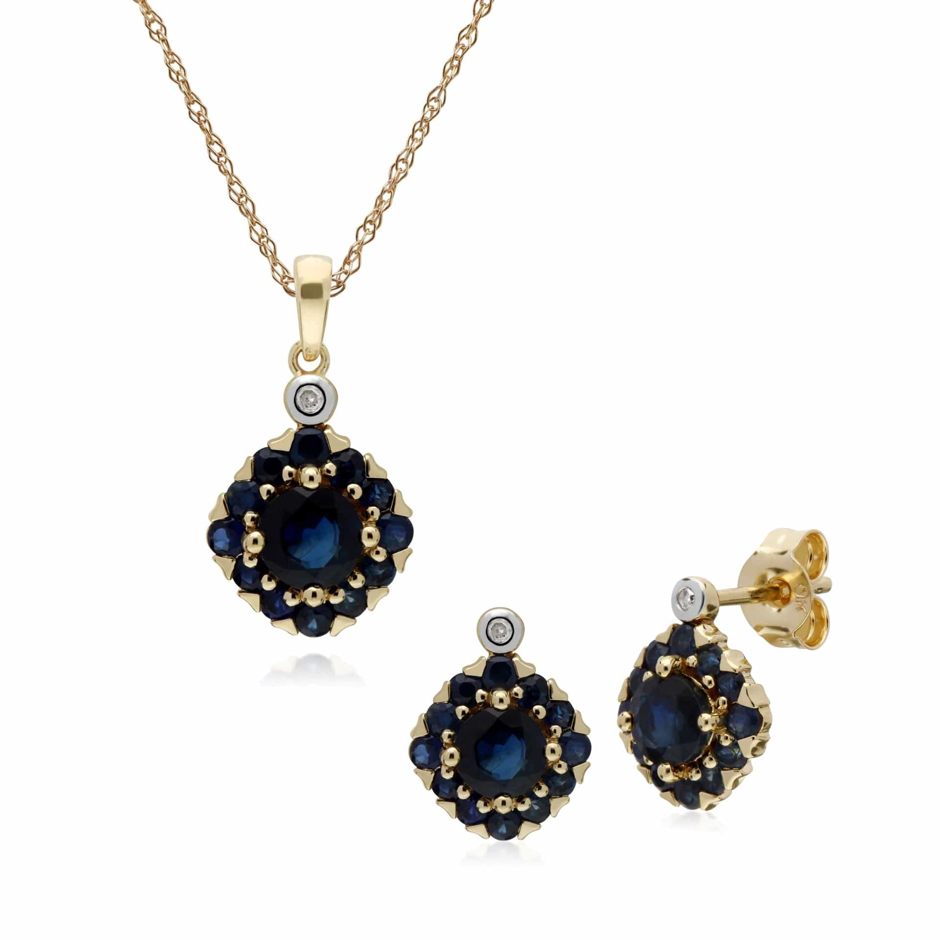 135E1571029-135P1911029 Classic Round Sapphire & Diamond Square Cluster Stud Earrings & Pendant Set in 9ct Yellow Gold 1