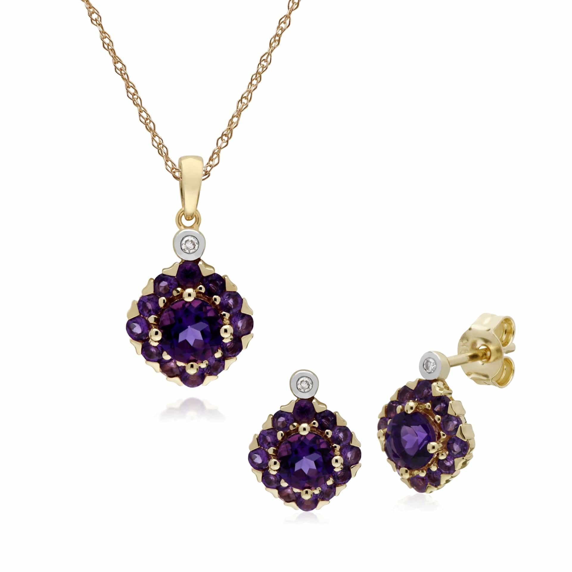 135E1571049-135P1911049 Classic Round Amethyst & Diamond Square Cluster Stud Earrings & Pendant Set in 9ct Yellow Gold 1