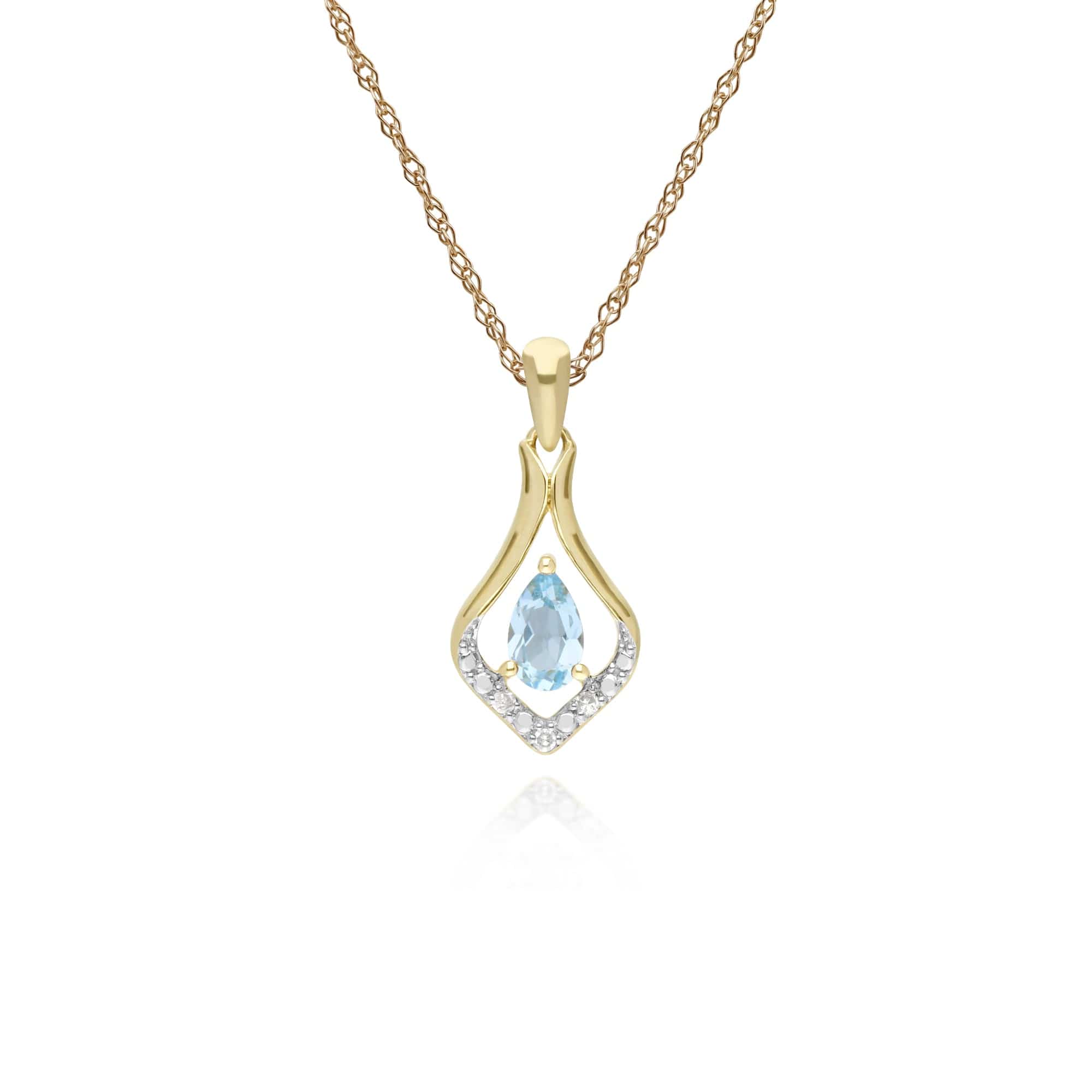 135P1915069 Classic Pear Blue Topaz & Three Diamond Leaf Halo Pendant in 9ct Yellow Gold 1