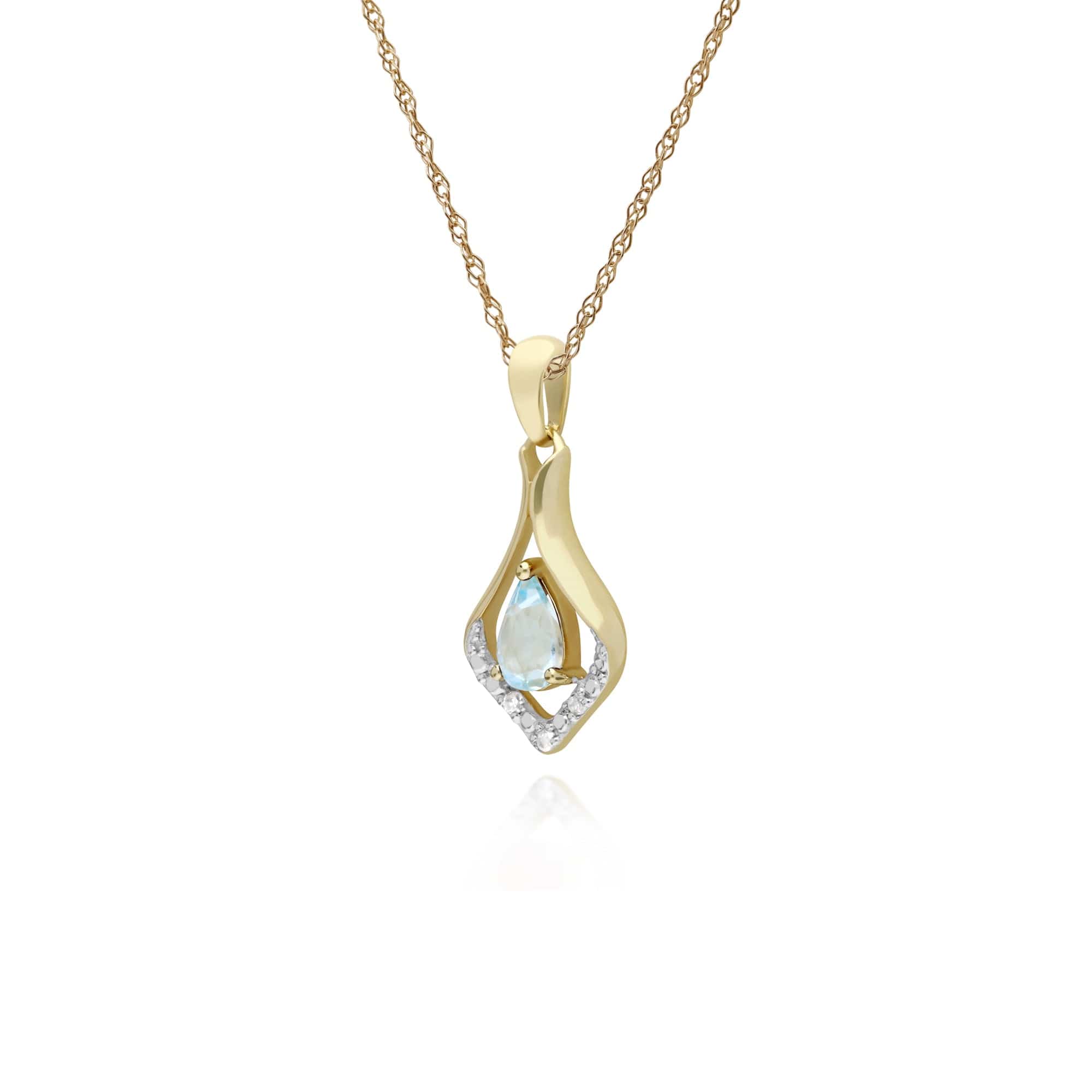 135P1915069 Classic Pear Blue Topaz & Three Diamond Leaf Halo Pendant in 9ct Yellow Gold 2