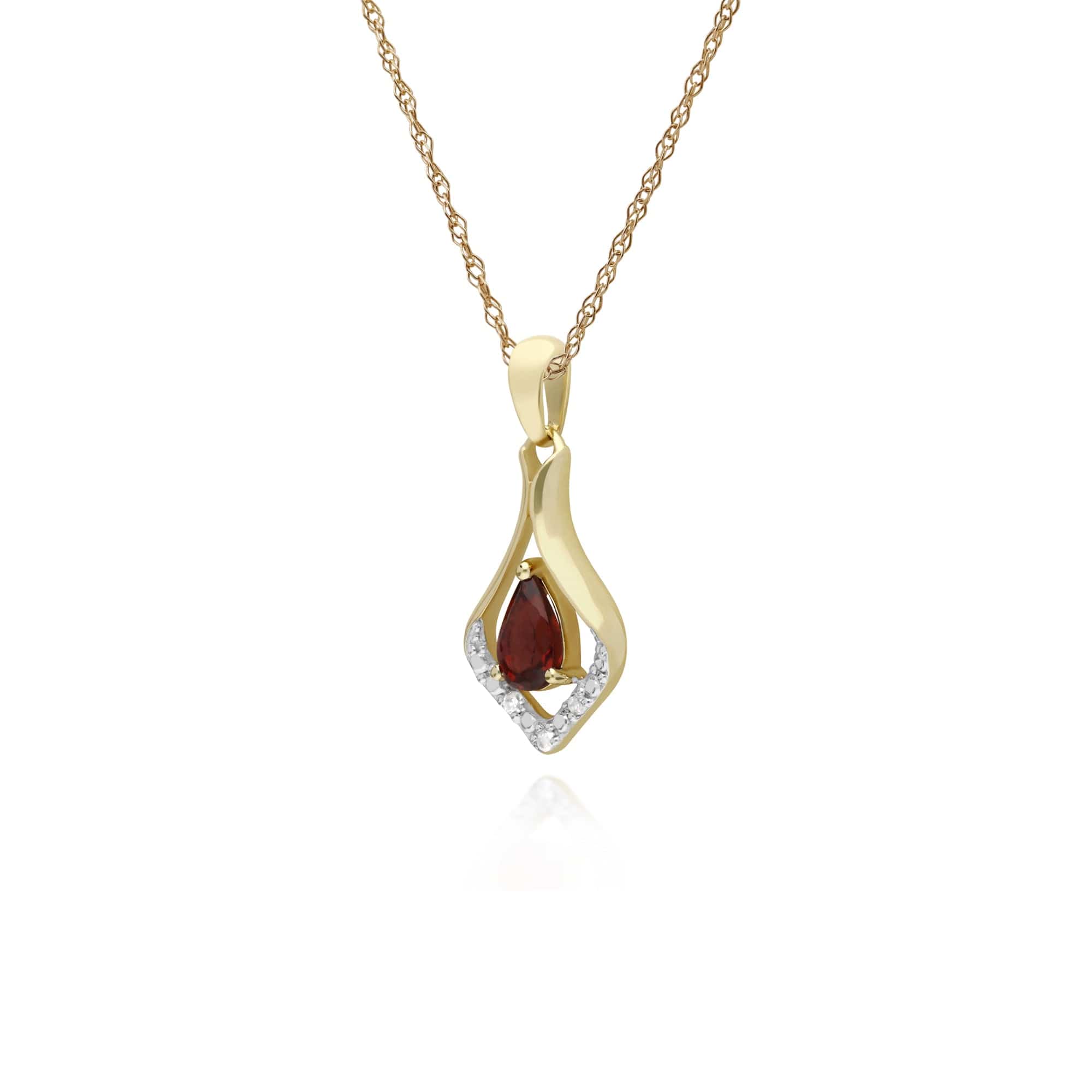 135P1915079 Classic Pear Garnet & Three Diamond Leaf Halo Pendant in 9ct Yellow Gold 2