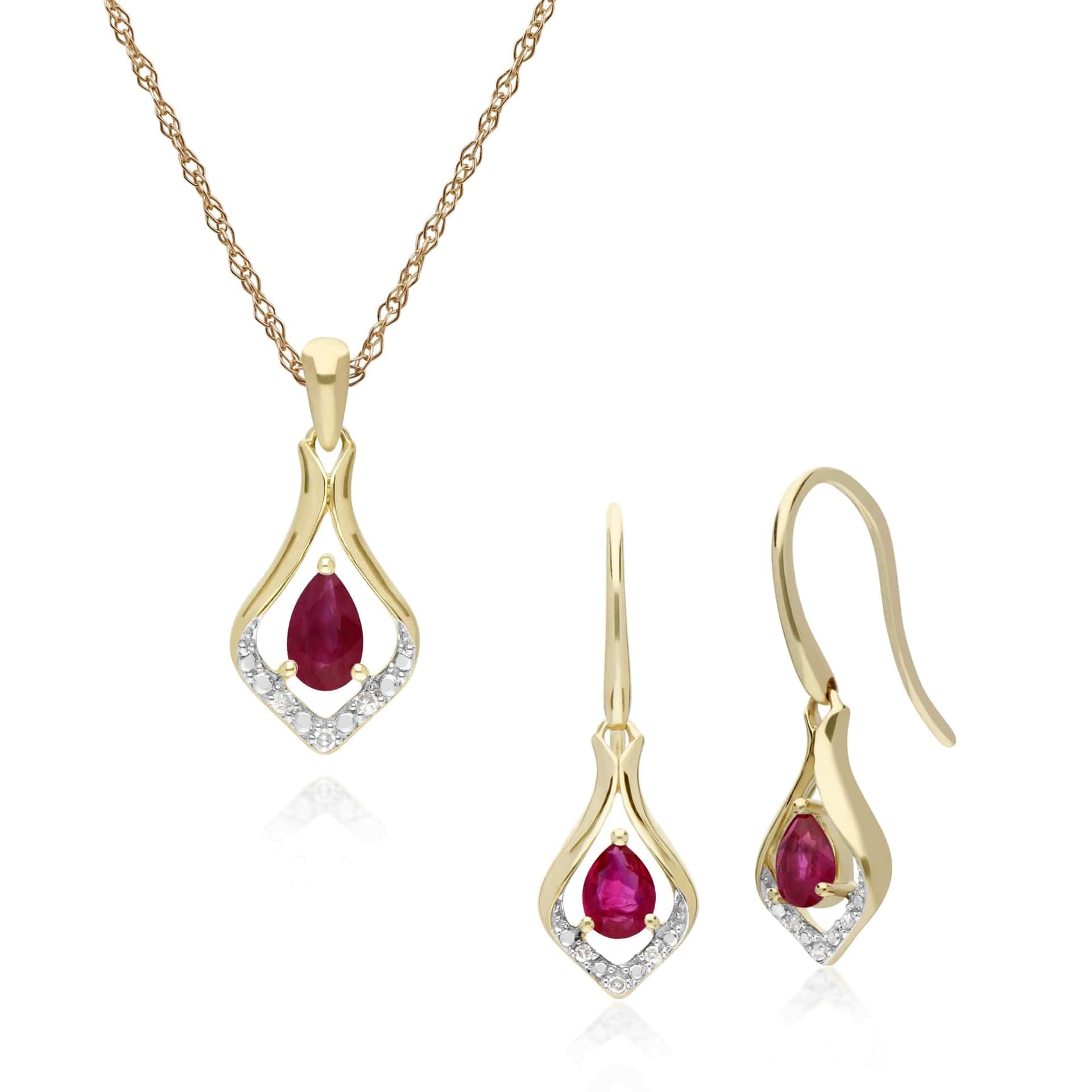 135E1577019-135P1915019 Classic Ruby & Diamond Leaf Drop Earrings & Pendant Set in 9ct Yellow Gold 1