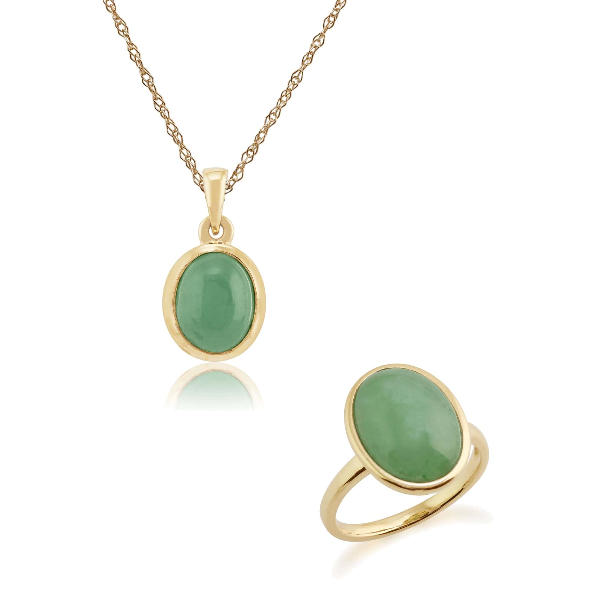 Classic Oval Dyed Green Jade Bezel Pendant & Cocktail Ring Set in 9ct Yellow Gold - Gemondo