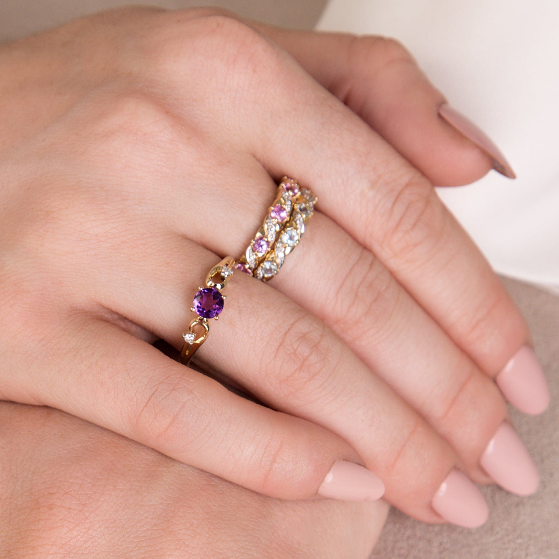Classic Round Amethyst & Diamond Ring in 9ct Yellow Gold - Gemondo