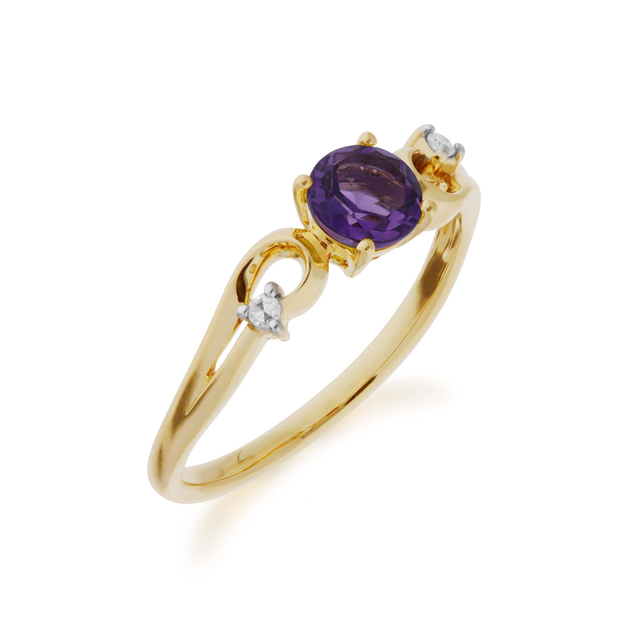 Classic Round Amethyst & Diamond Ring in 9ct Yellow Gold - Gemondo