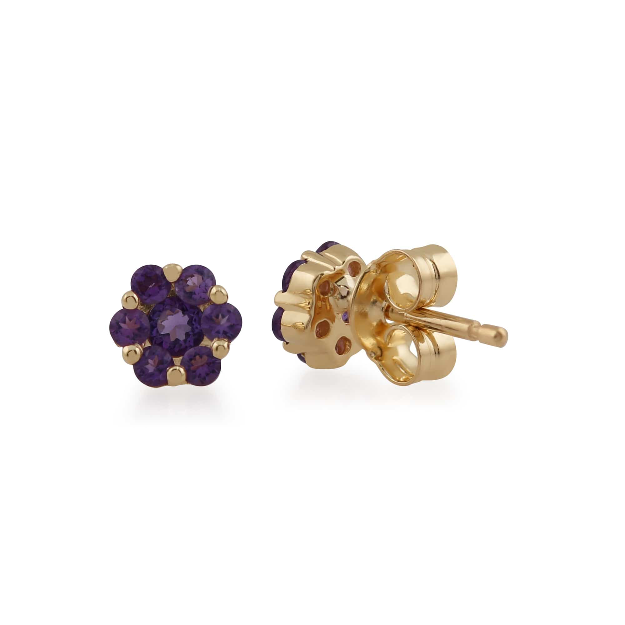 145E0114029 Floral Round Amethyst Cluster Stud Earrings in 9ct Yellow Gold 2