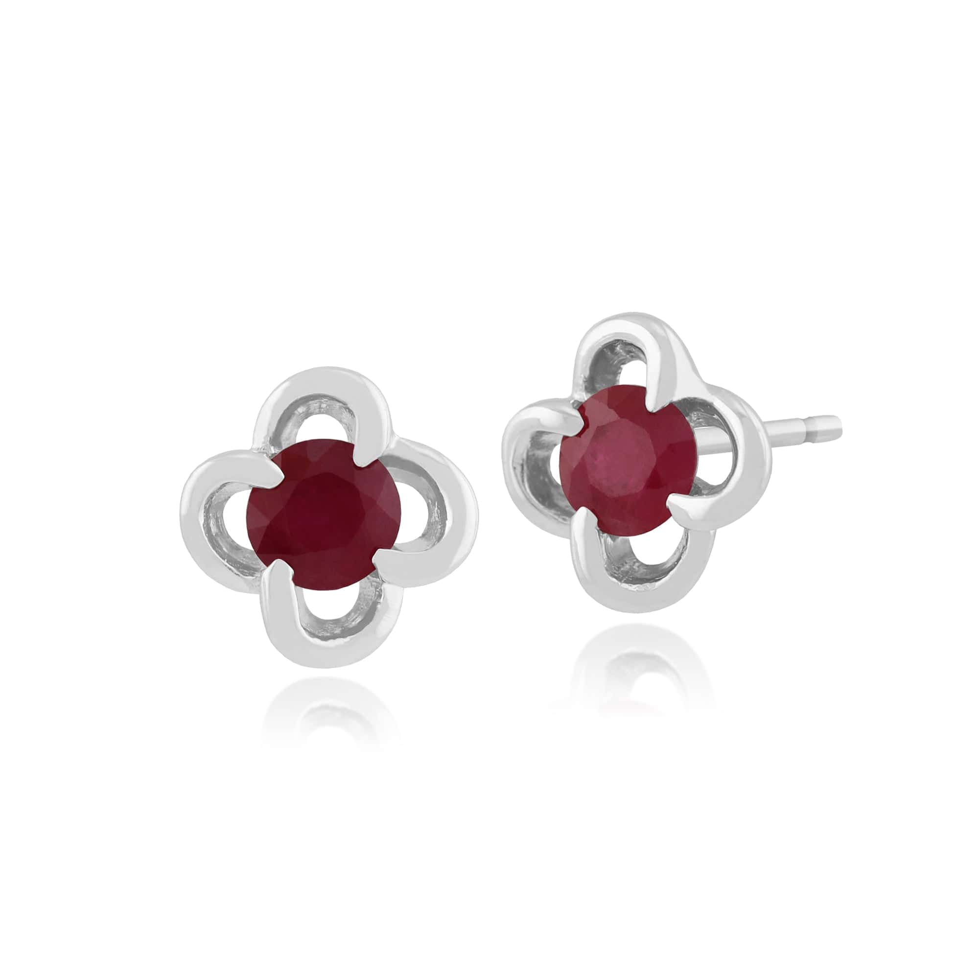 Floral Round Ruby & Diamond Halo Stud Earrings in 9ct White Gold - Gemondo