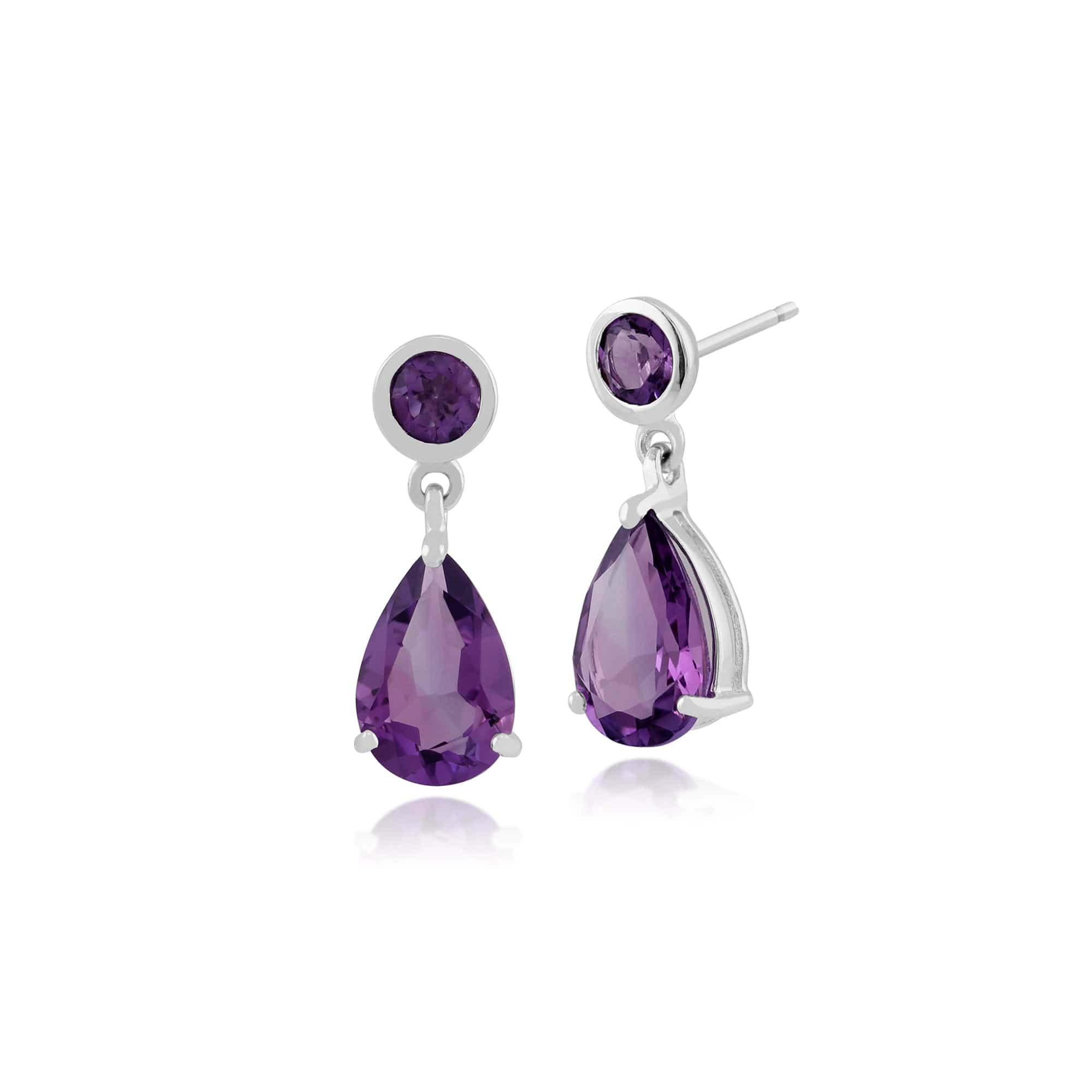 Classic Pear & Round Amethyst Drop Earrings in 9ct White Gold - Gemondo