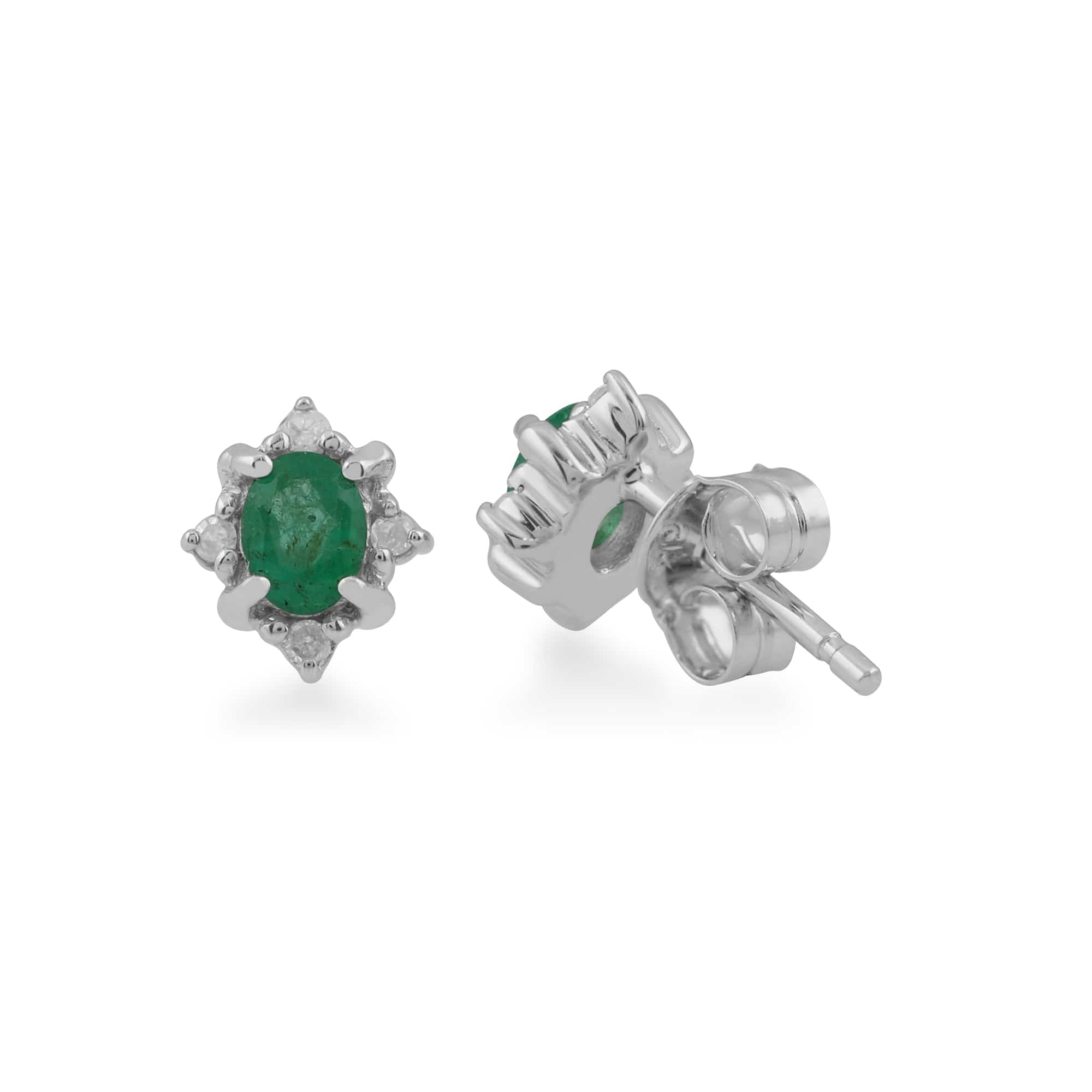 Classic Oval Emerald & Diamond Cluster Stud Earrings in 9ct White Gold - Gemondo