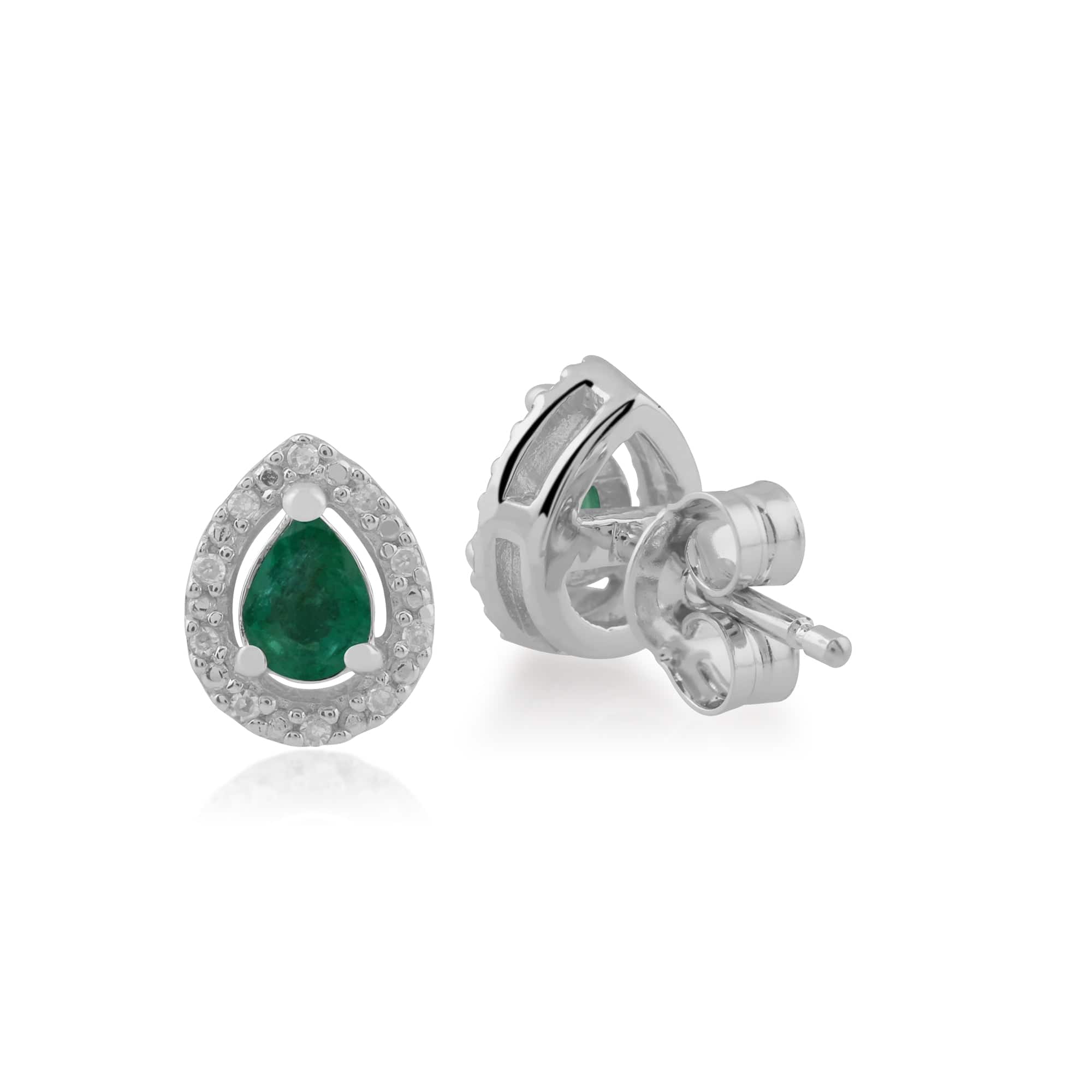 Classic Pear Emerald & Diamond Halo Stud Earrings in 9ct White Gold - Gemondo