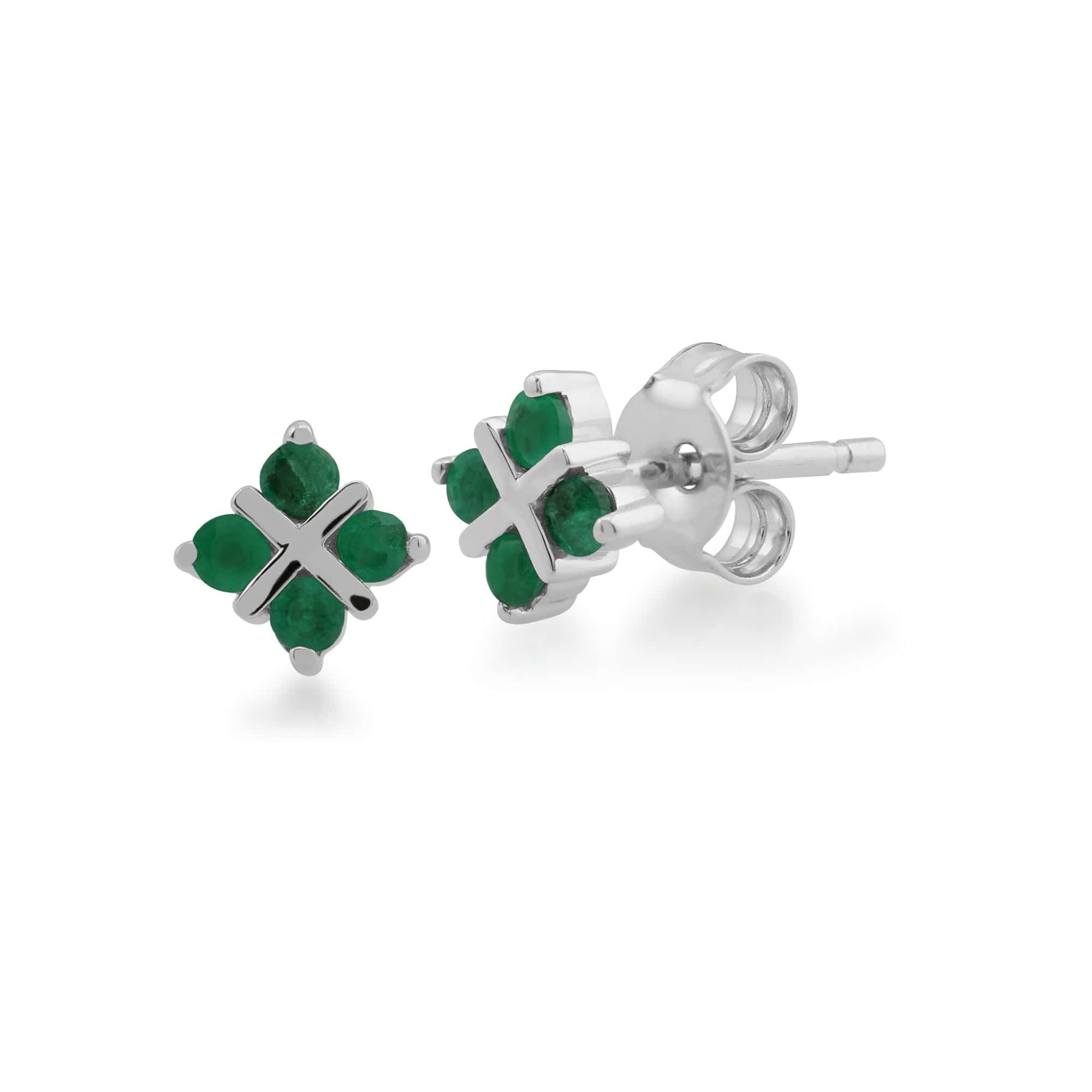 Floral Round Emerald Clover Kiss Stud Earrings in 9ct White Gold - Gemondo