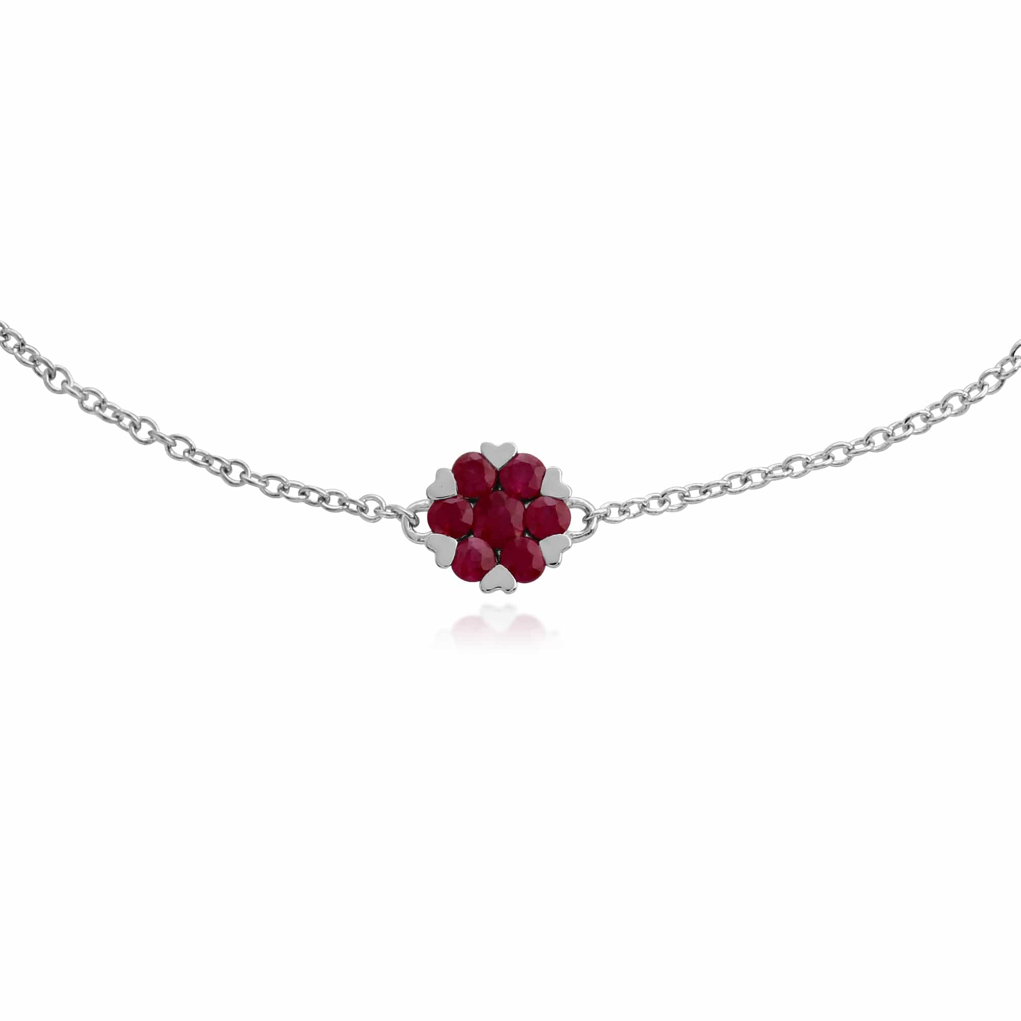 Floral Round Ruby Heart Claw Set Cluster Bracelet in 9ct White Gold - Gemondo