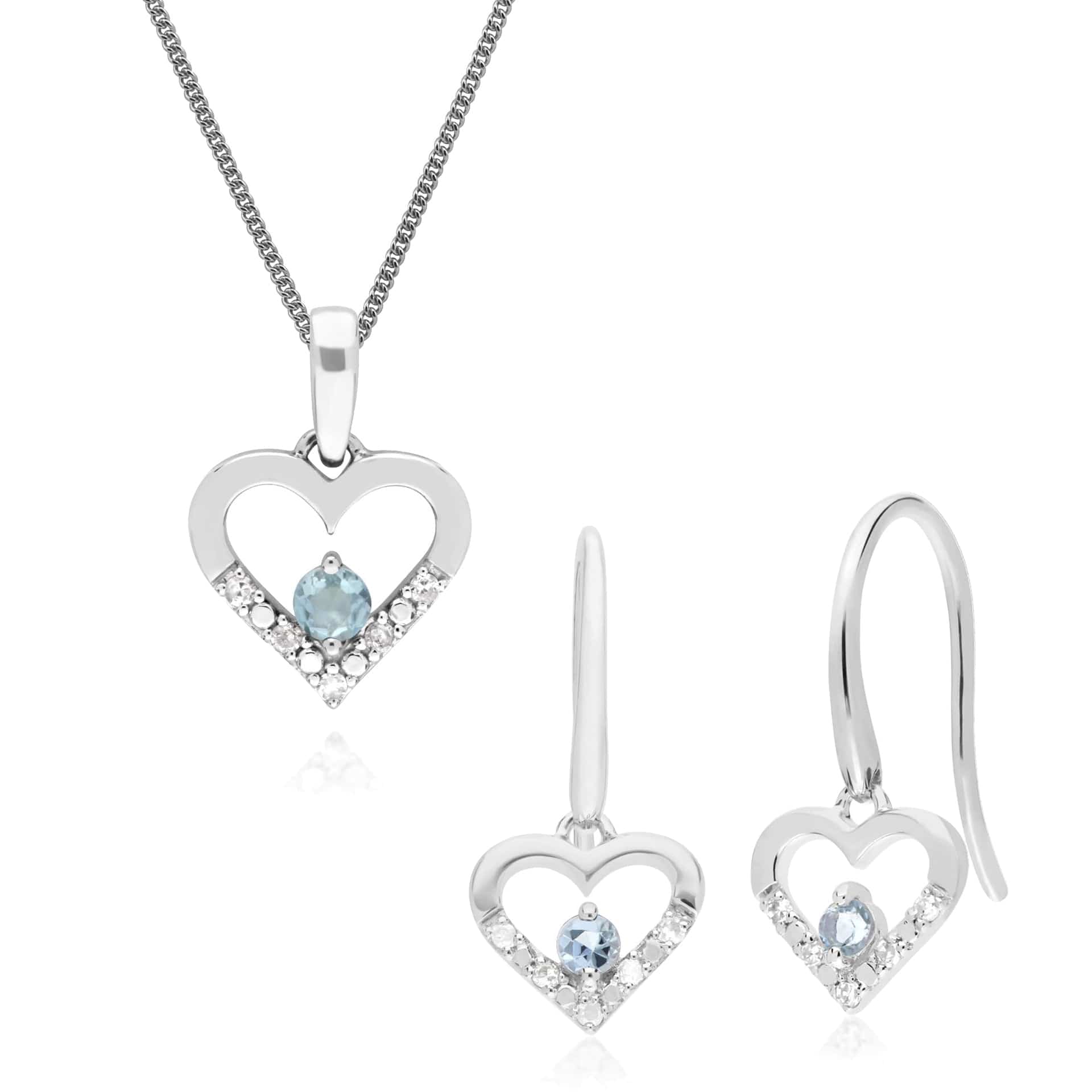 162E0258059-162P0219059 Classic Round Aquamarine & Diamond Heart Drop Earrings & Pendant Set in 9ct White Gold 1
