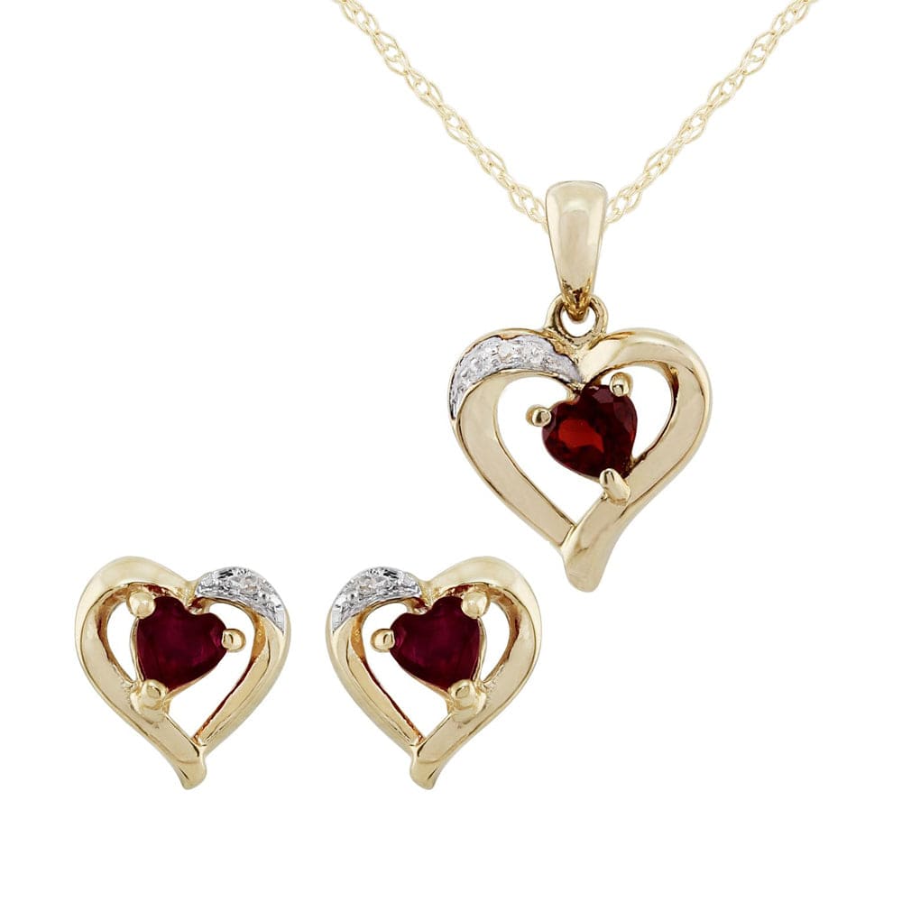 Classic Heart Garnet & Diamond Stud Earrings & Pendant Set Image 1